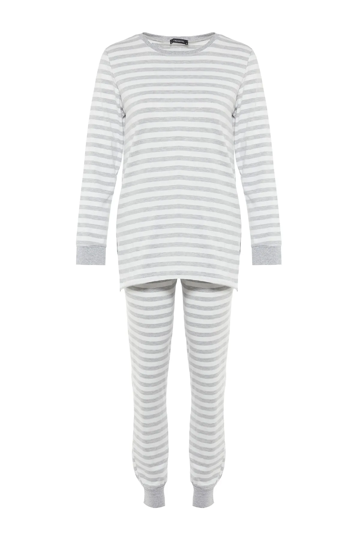 Trendyol Collection  Graues gestreiftes T-Shirt-Jogger-Pyjama-Set aus 100 % Baumwolle mit Strickmuster THMAW21PT0565