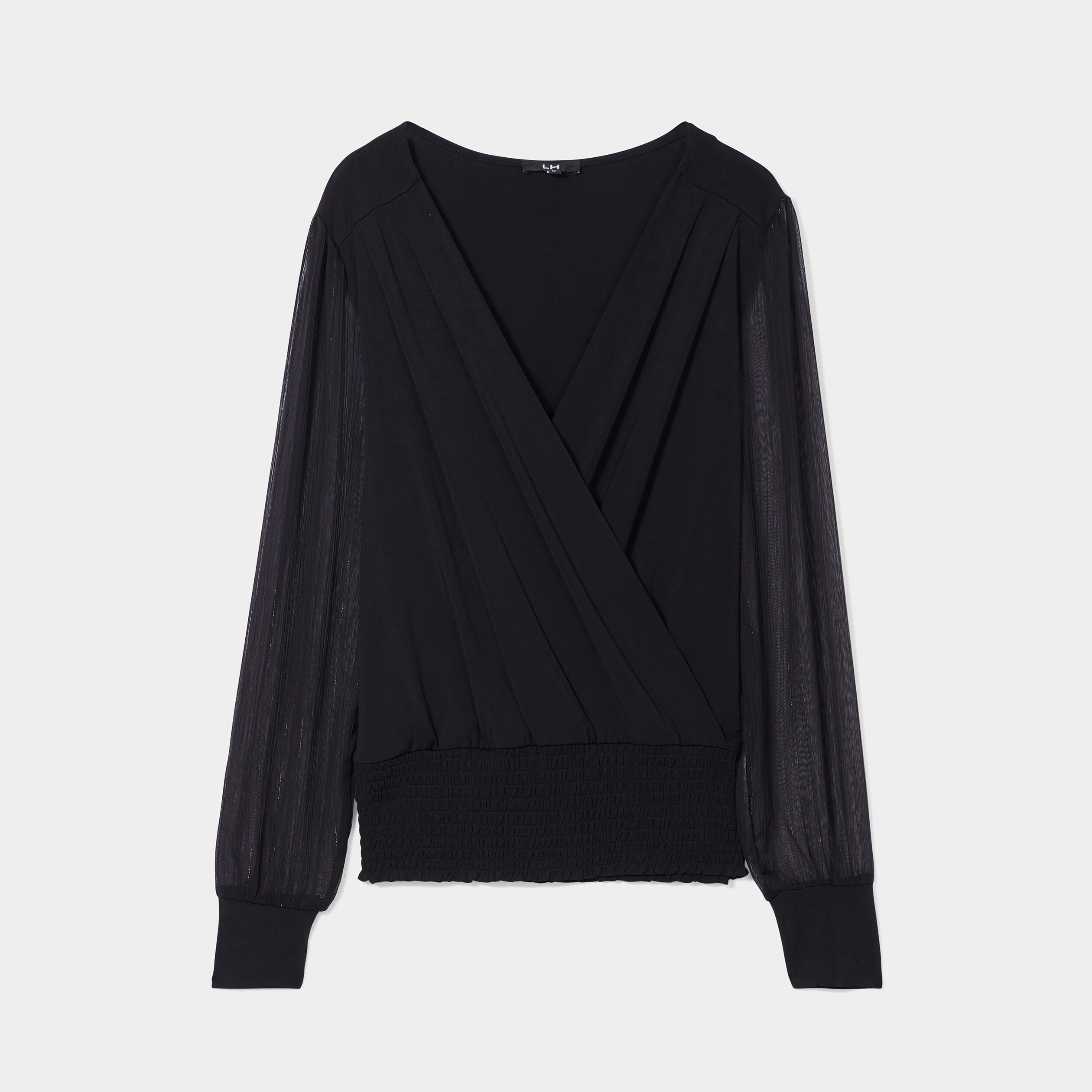 T-shirt col cache-coeur manches longues noir femme | La Halle