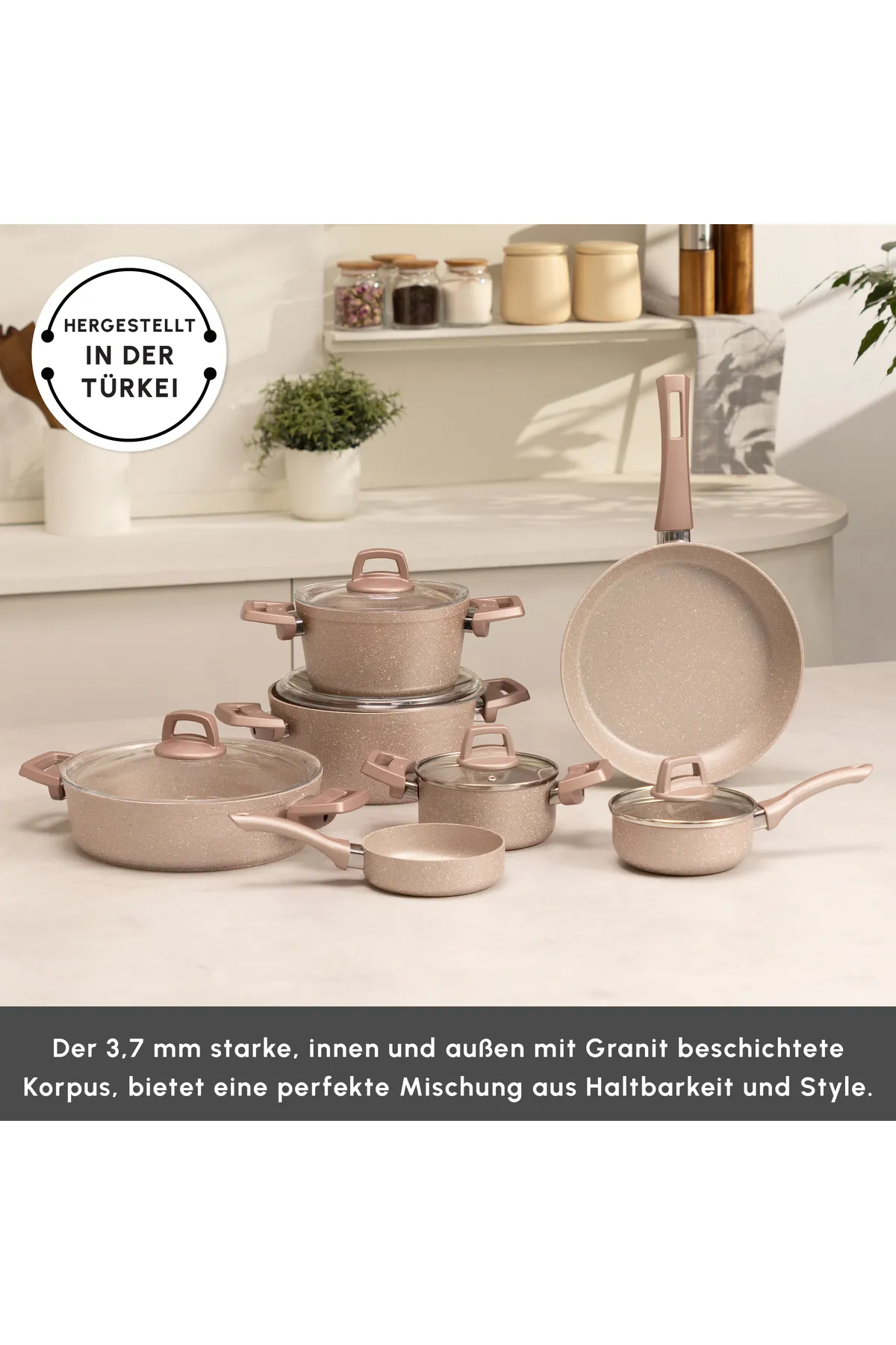 Karaca  Biogranit Rosegold 12-teiliges Kochgeschirr-Set Topfset Basic Topfset Griffe