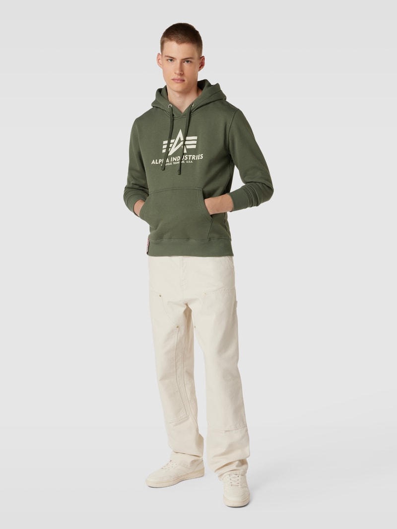 Hoodie mit Label-Print Modell 'BASIC' in dunkelgrün