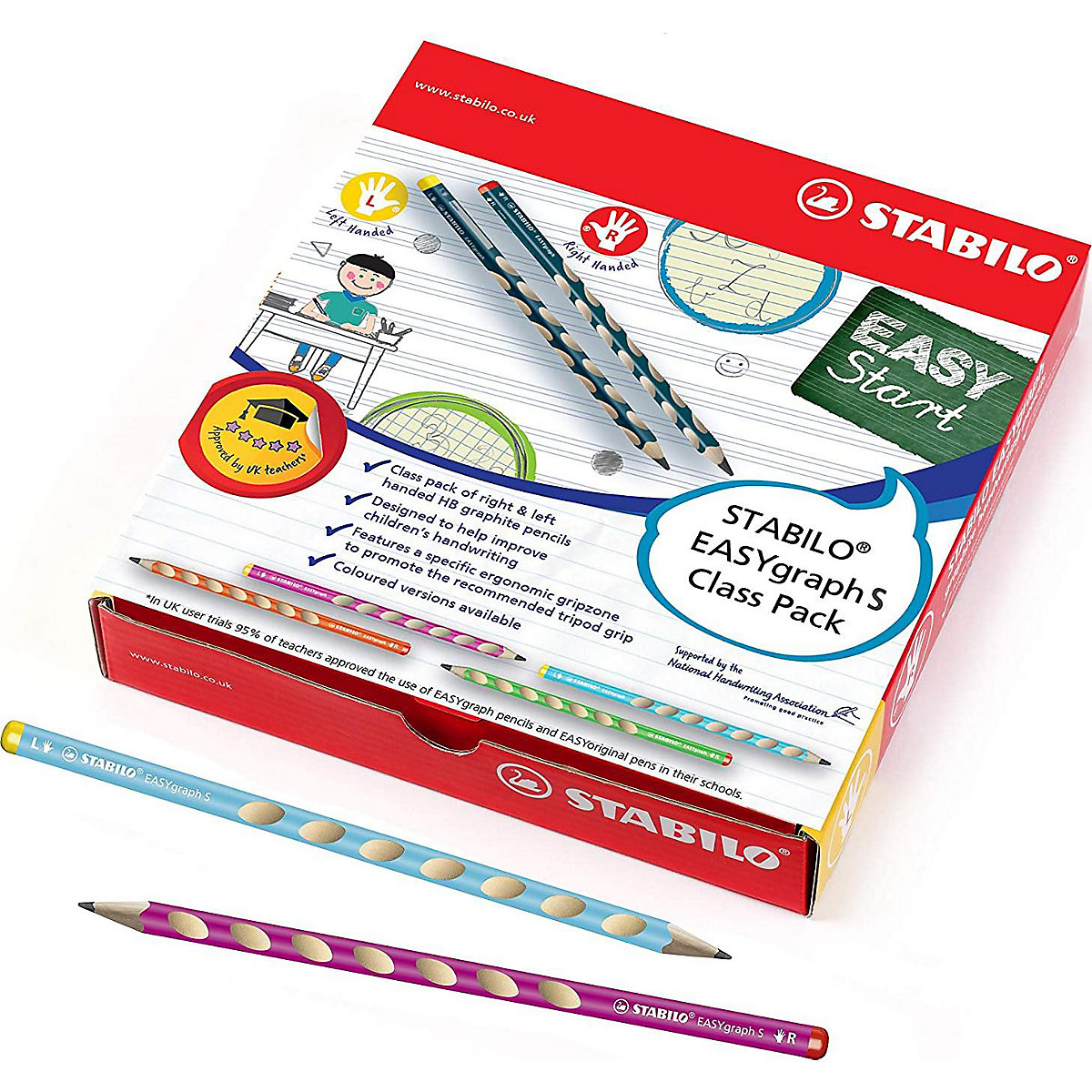 Dreikant-Bleistift EASYgraph S Class Pack Mix XXL Pastell, verschiedene Härtegrade, Links- und Rechtshändervarianten, 48 Stück