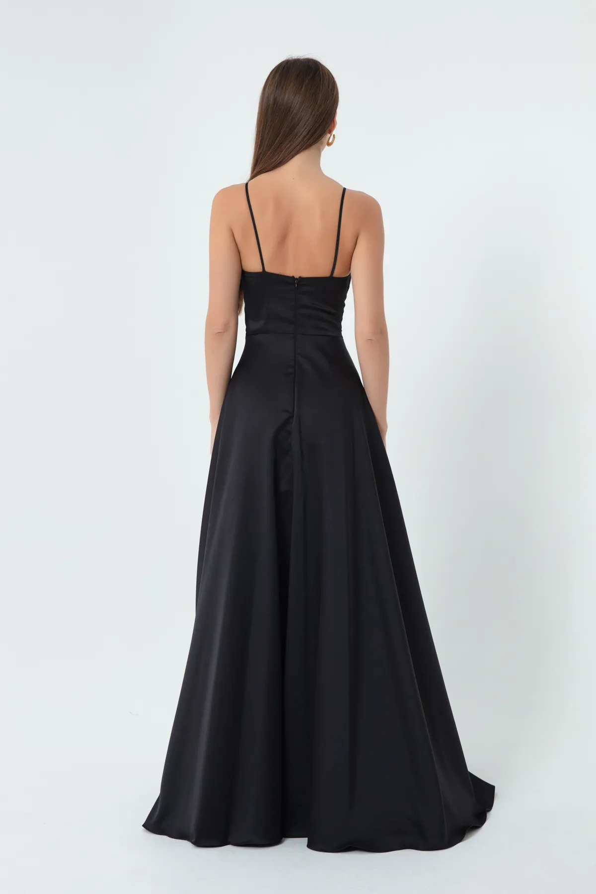 Lafaba  Langes Abendkleid aus Satin mit schwarzen Kordelträgern und Taillengürtel für Damen und Abschlussballkleid