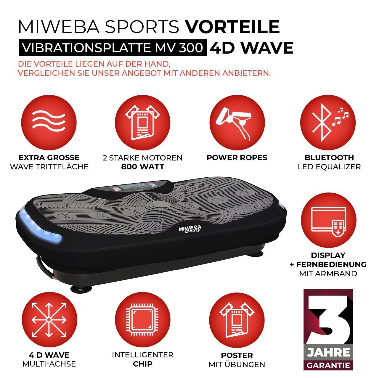 Miweba Sports Vibrationsplatte Profi Vibrationsboard MV300 inkl. Armband Fernbedienung - 4D-Vibration, 800 W, 16 Intensitätsstufen, (LED-Display, 120 kg max. Benutzergewicht, 4D-Wave-Vibration, 3 vordefinierte Trainingsprogramme, drei Vibrationszonen