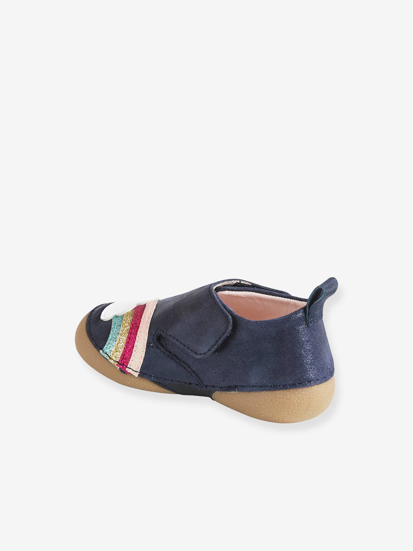Chaussons bébé fille en cuir souple bleu marine