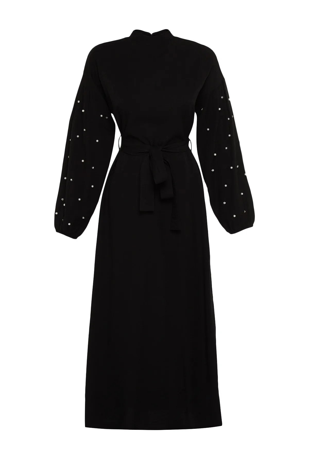 Trendyol Modest  Schwarzes gewebtes Kleid mit Gürtel, Perlen- und Steindetails TCTSS23EB00148