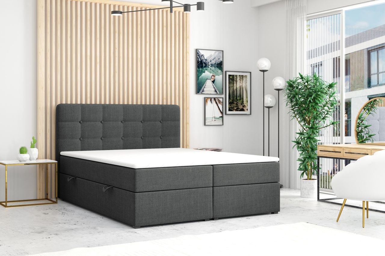 Möbel Punkt Boxspringbett PRAG Chesterfield mit Bettkasten 180 x 200 cm Webstoff Grau Anthrazit
