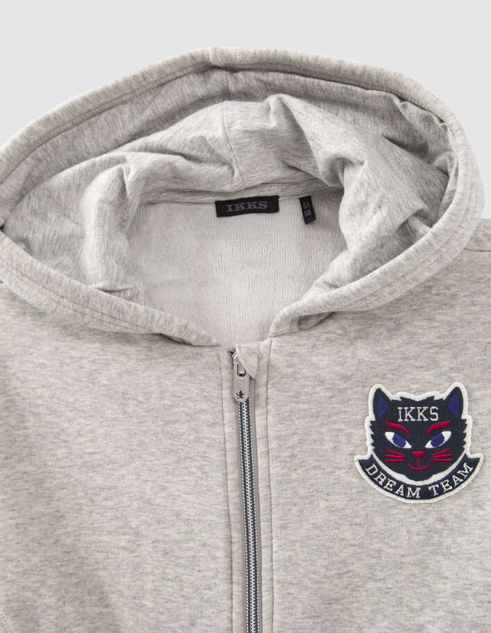 Cardigan zippé gris à capuche et badge chat fille