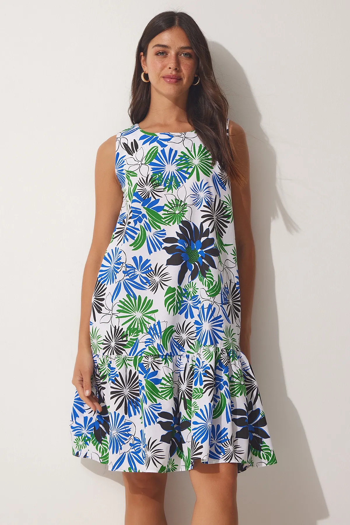 Happiness İstanbul  Damen-Sommerkleid aus Popeline in Weiß und Blau mit Muster LU00021