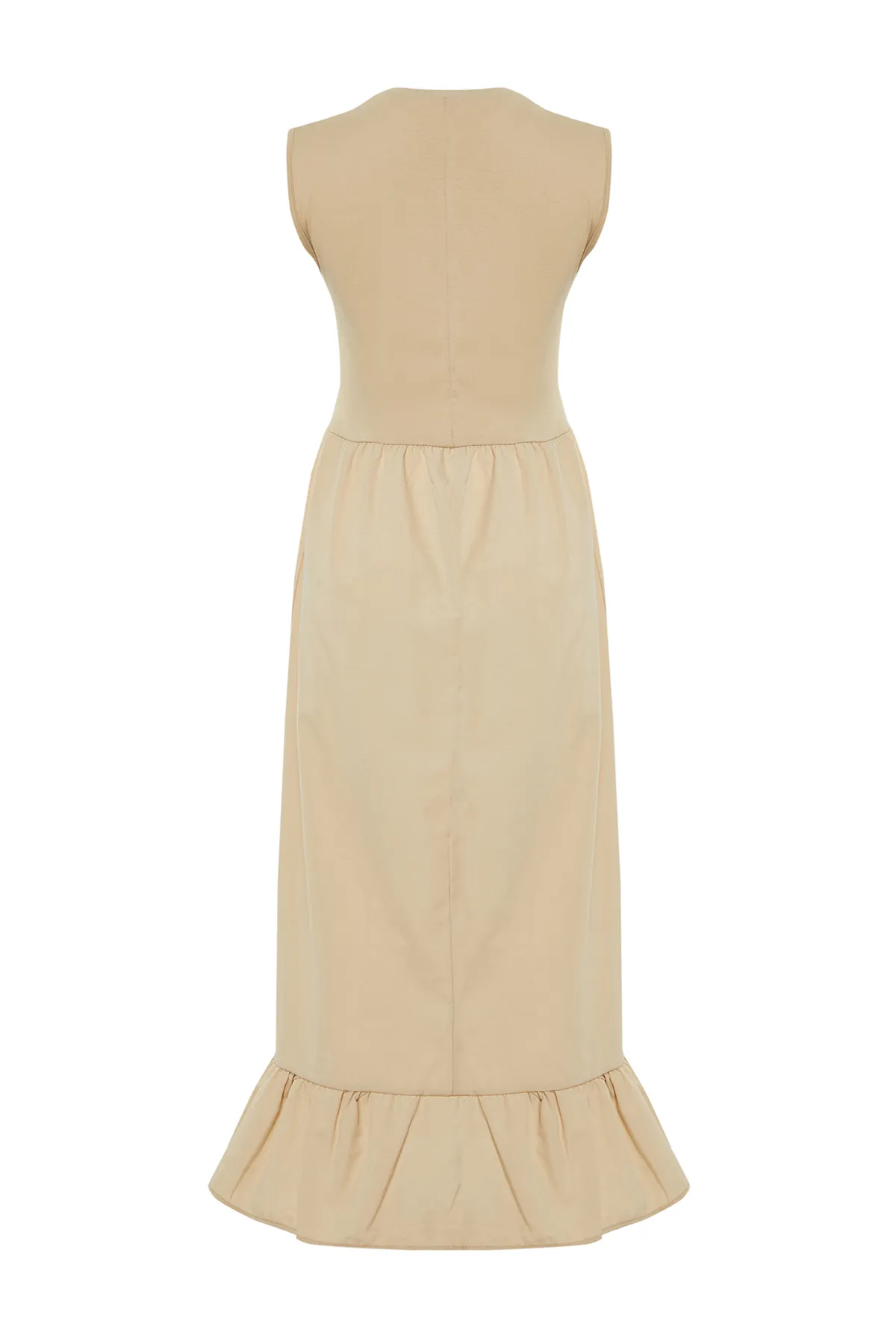 Trendyol Modest  Beigefarbenes, ärmelloses Rock-Rüschen-Single-Jersey-Popeline-Strickkleid TCTSS24EB00155