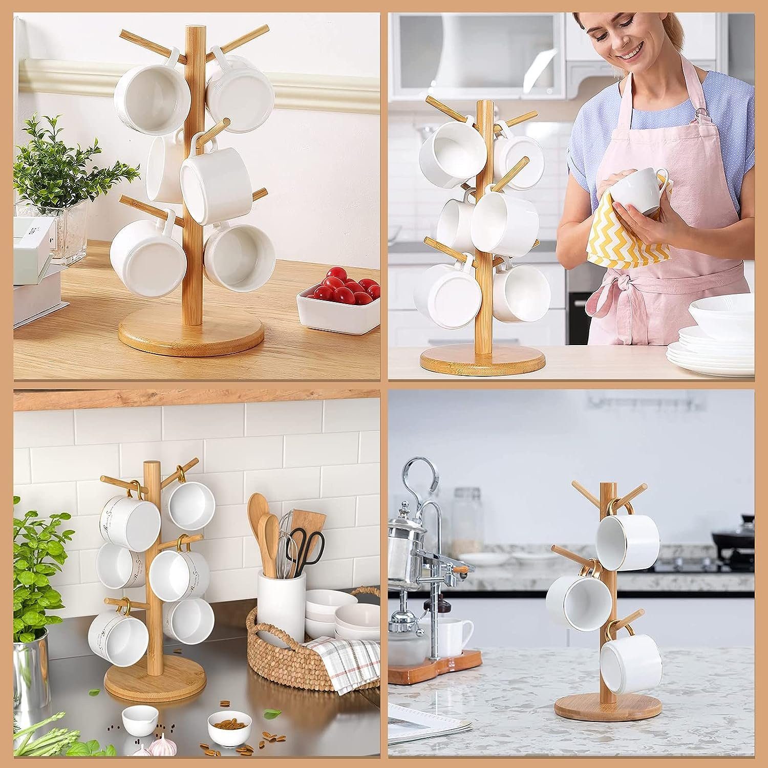 Bedee Gläserhalter Tassenhalter Becherhalter Bambus, Kaffee Tassenhalter mit 6 Haken (Baum Becher Halter Baum Kaffeebecher Gestell Getränkehalter, 1 St., Brezelständer aus Bambus), Rack Regal für Küche Zähler und Display Besteck Lagerung und Trocknun