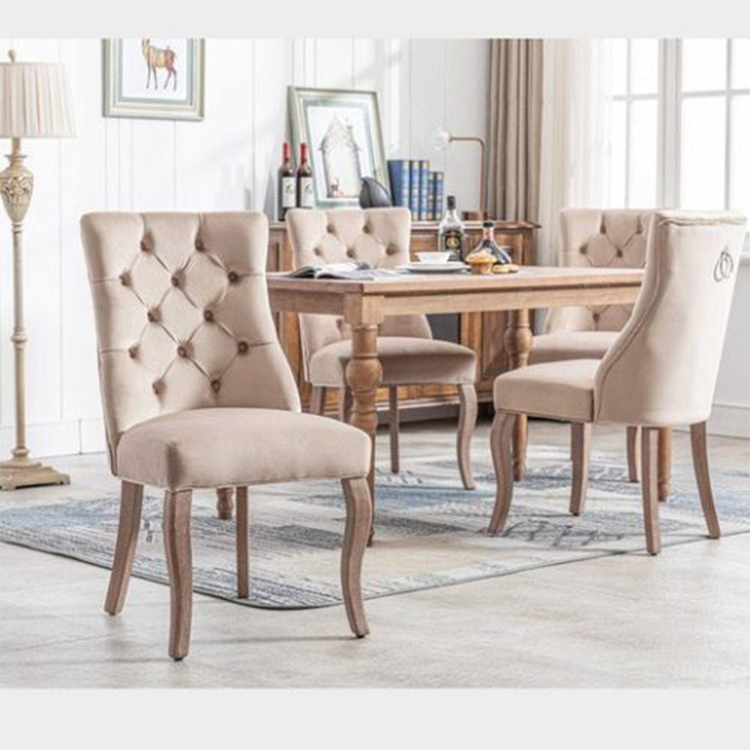 YANN 4-Fußstuhl 4-Fußstuhl, Stuhl Beige Samt Esszimmerstuhl,hohe Rückenlehne (4 St), mit Knopfsteppung, Gestell aus Massivholz, Beige(Set, 4 St)
