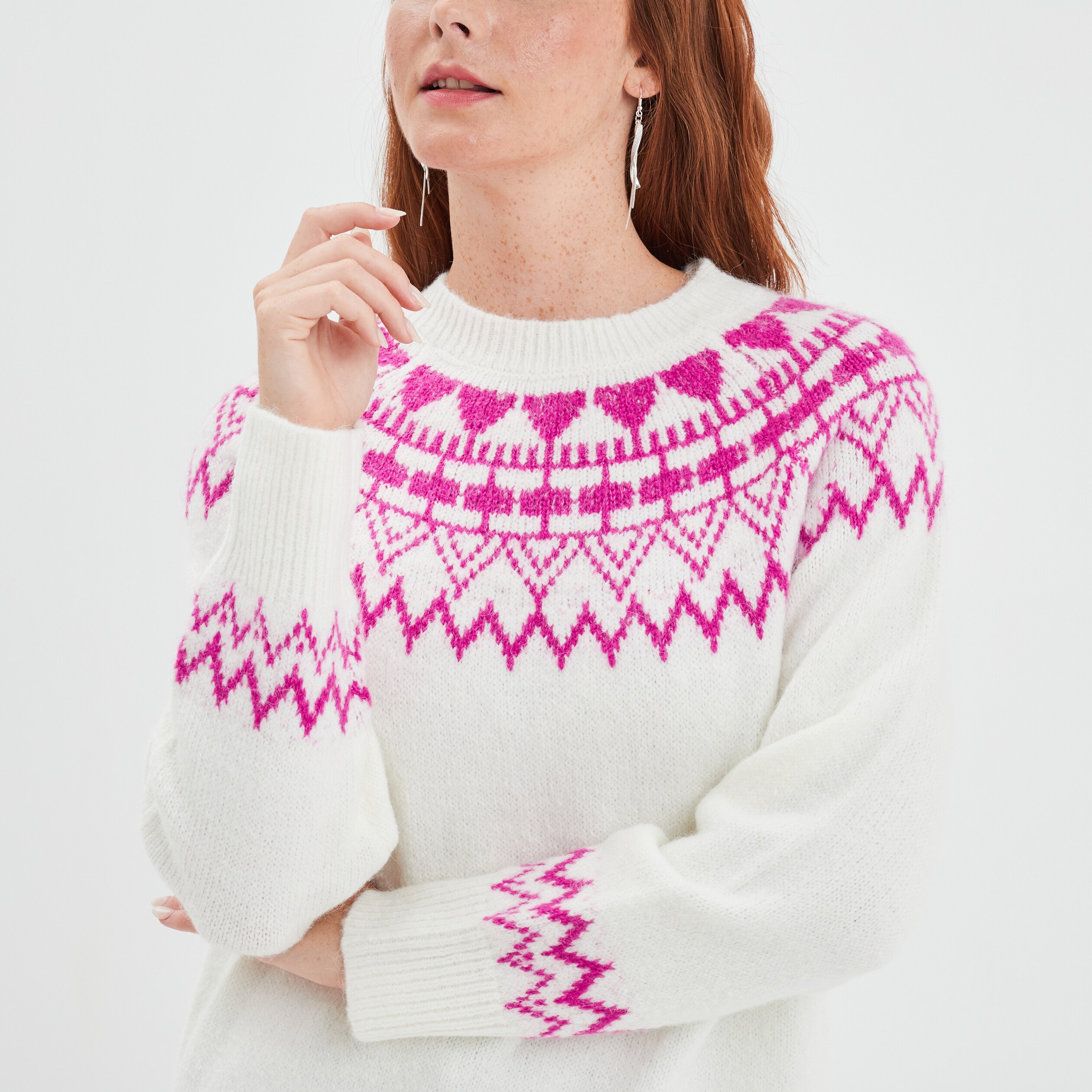 Pull col rond manches longues Creeks blanc femme | La Halle