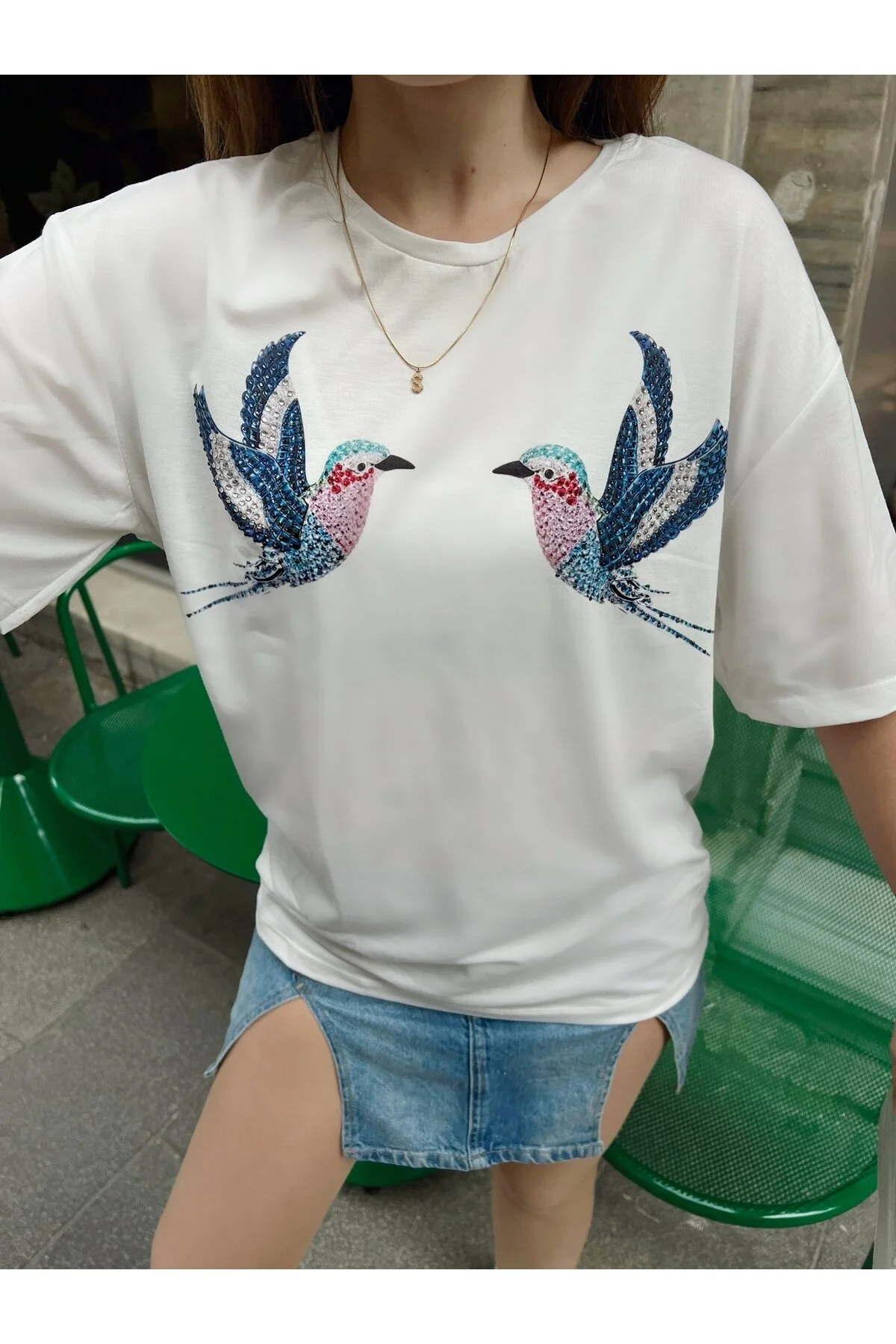 Bianco Lucci  Damen-T-Shirt aus gekämmter Baumwolle mit Vogelmuster