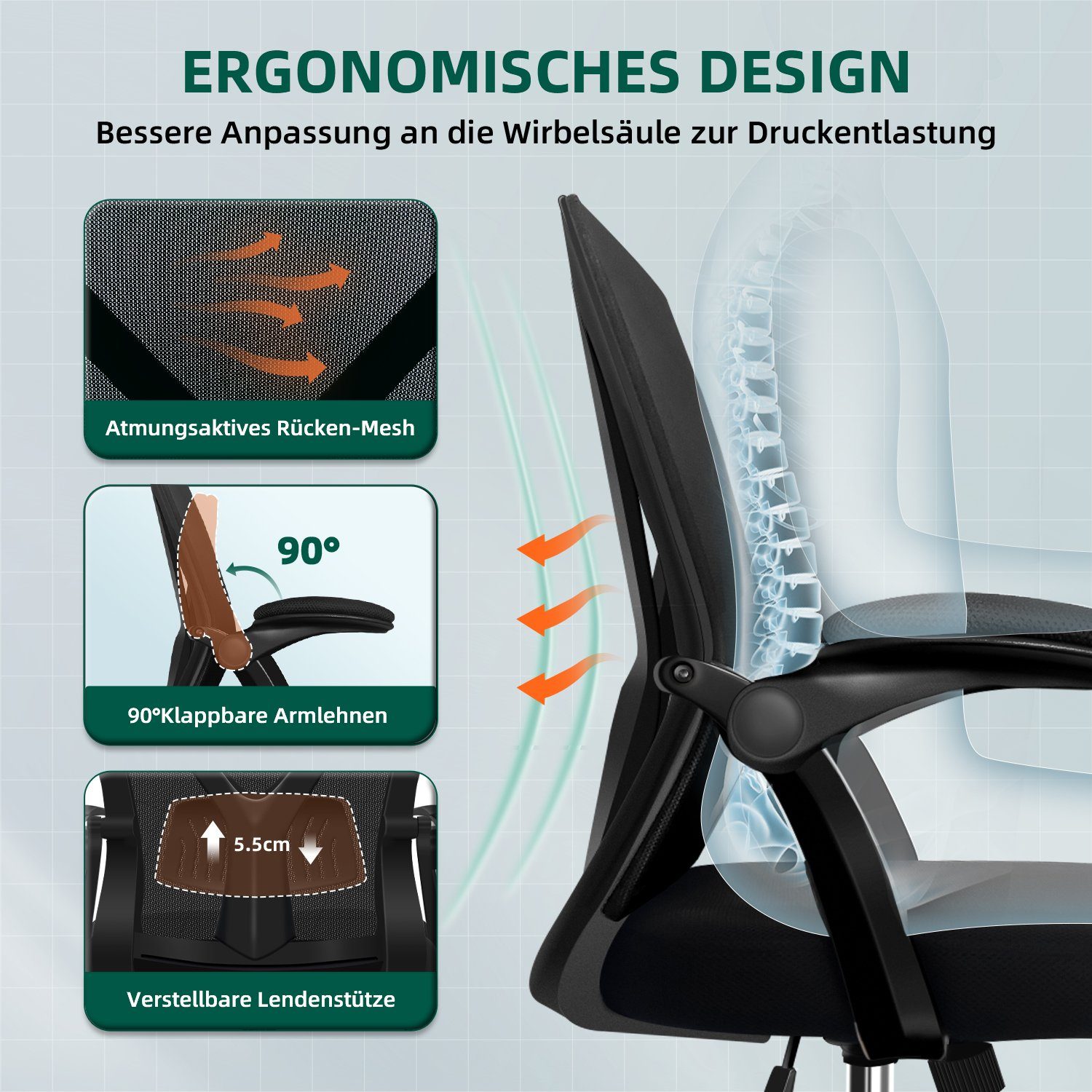 Aiidoits Bürostuhl Bürostuhl, Ergonomischer Schreibtischstuhl, Drehstuhl (Chefsessel,Verstellbare Armlehne,leise Rolle, mit Wippfunktion bis 125)