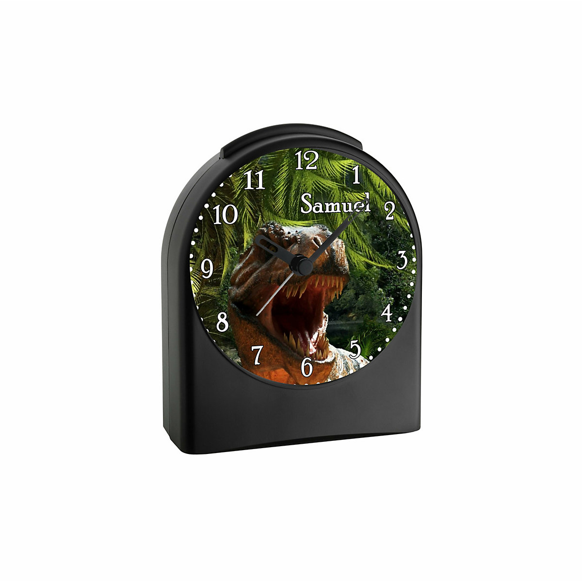 Kinder Funkwecker personalisiert mit Namen T-Rex Atom-/Funkuhr, 12-Stunden-Anzeigeformat, Schlummerfunktion, Nachtlicht, Geräuschlos/Ohne Ticken