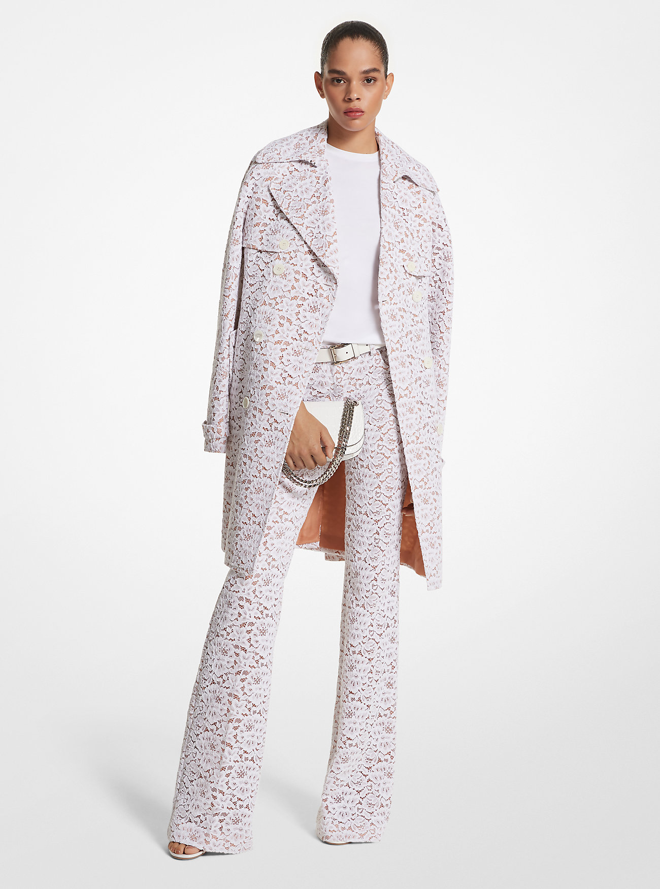 Trench coat in pizzo floreale con cordoncino - BIANCO OTTICO