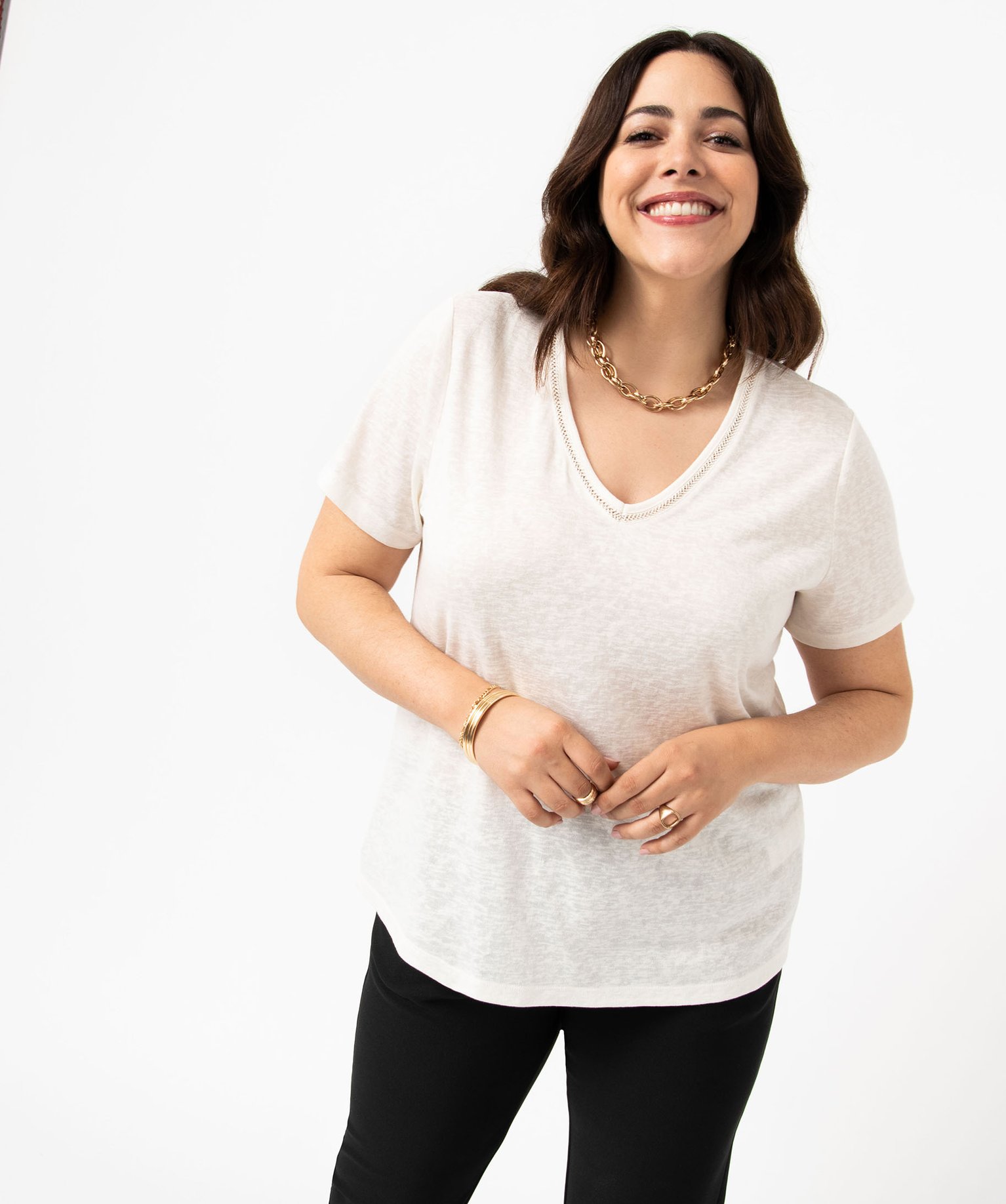 Tee-shirt manches courtes droit et fluide à col V et paille... ecru | GEMO