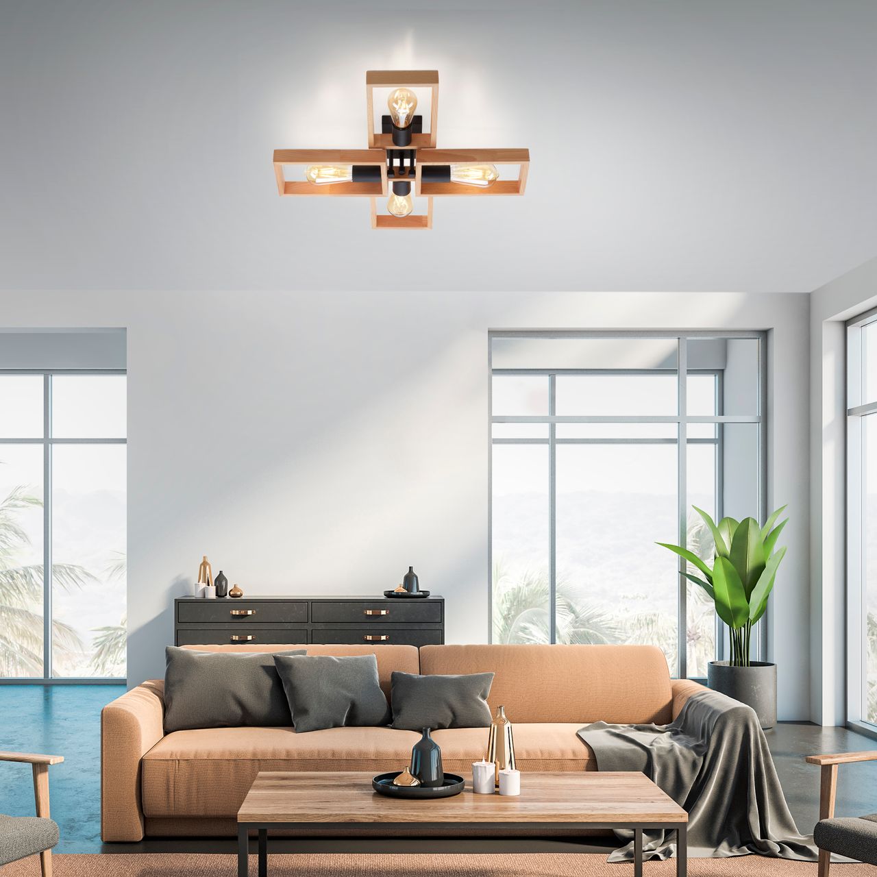 JUST LIGHT LeuchtenDirekt Deckenleuchte FRAME, 4xE27/max. 60W, Innenleuchte, IP20, Metall und Holz
