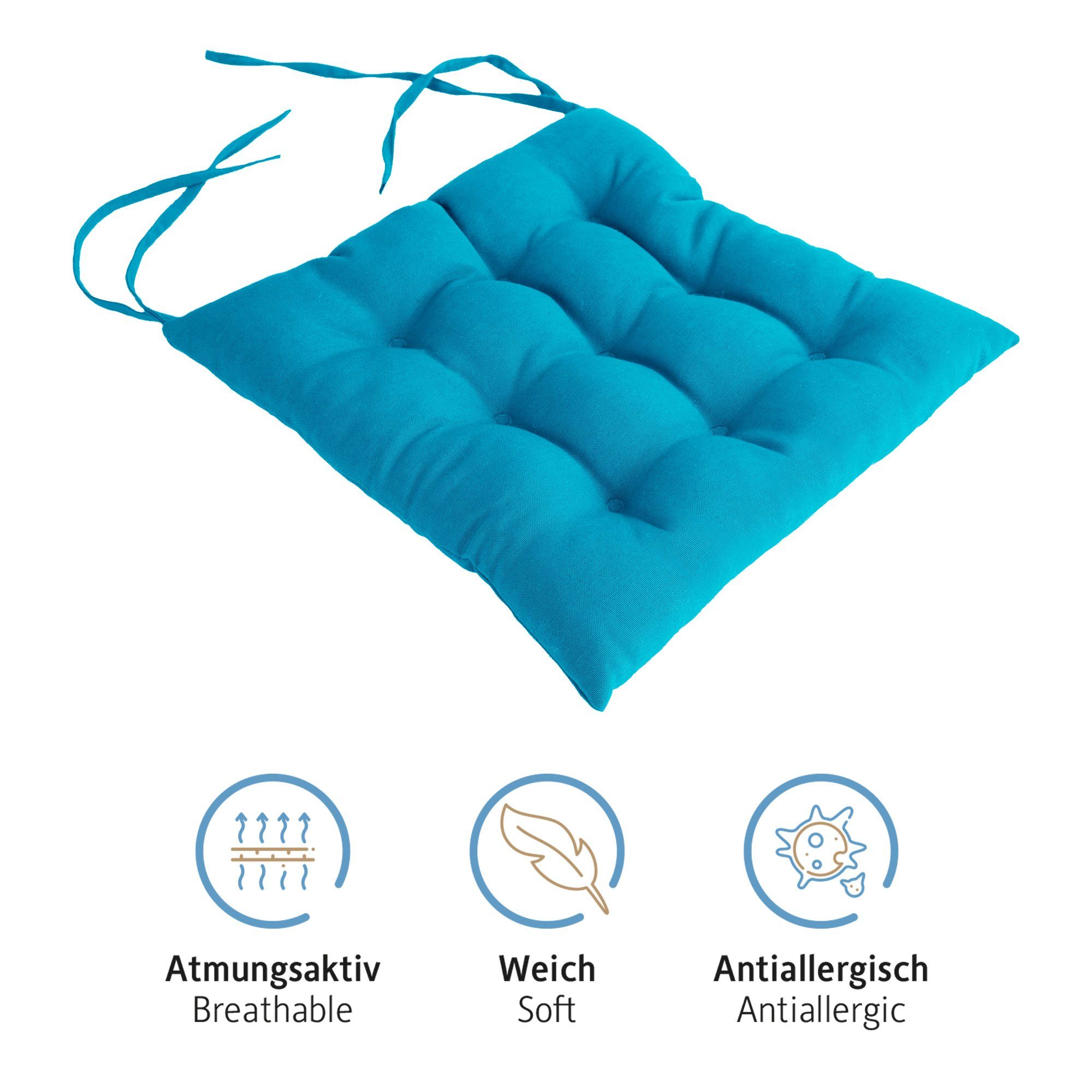 Komfortec Stuhlkissen 2er Set 40x40 cm Stuhlkissen mit Bändern, 100% Baumwolle, 200 g/m², Wasserabweisend Dekokissen, Sitzauflage für Innen- & Außenbereich