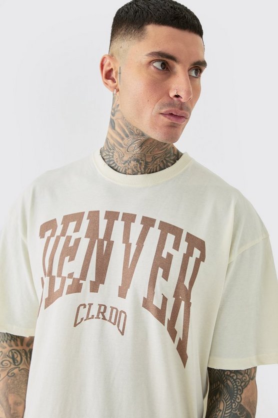 Tall zerrissenes Oversize T-Shirt mit Acid-Waschung und Denver Print