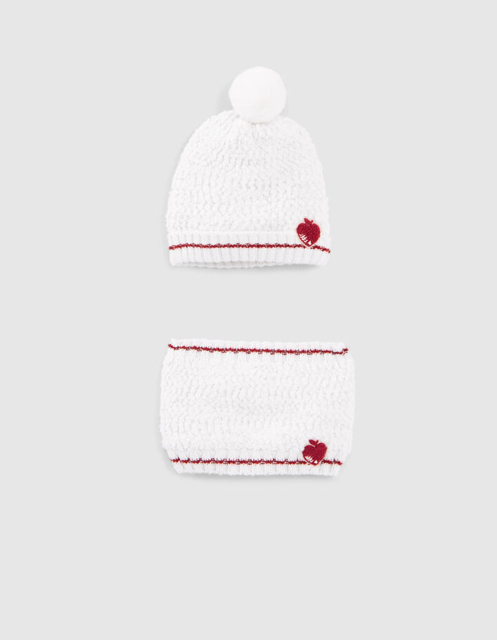 Bonnet et snood écru tricot brodé coeur-pomme bébé fille