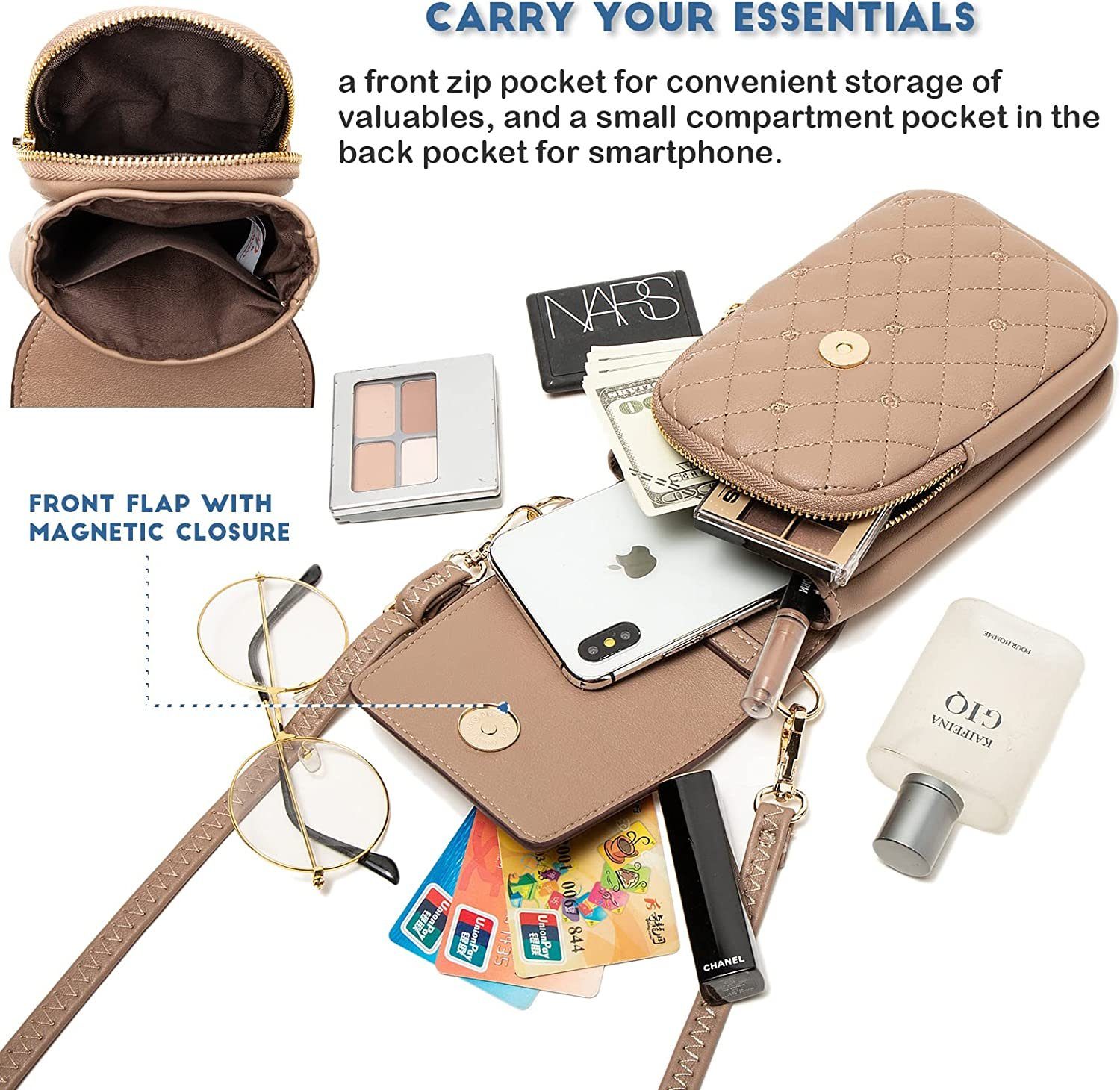 Directin Umhängetasche Umhängetasche Damen, Handy-Umhängetasche, Minibag, Crossbody (Passend für 6,9-Zoll-Handys, Stickerei Handytasche mit Geldbörse zum Umhängen), mit Verstellbar Abnehmbar Schultergurt