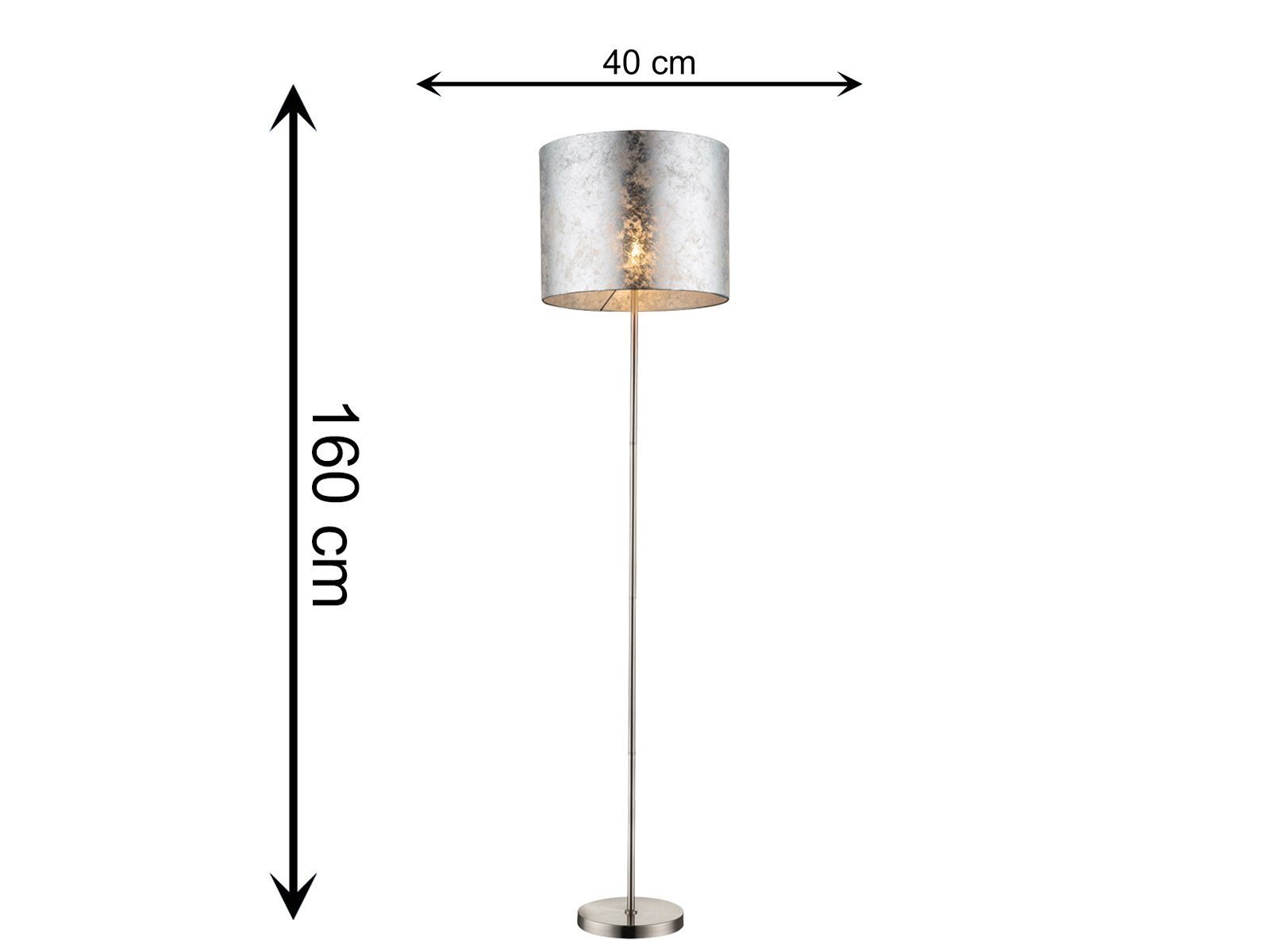 meineWunschleuchte LED Stehlampe, Leuchte ist über den Fußschalter dimmbar, LED wechselbar, warmweiß, ausgefallene moderne Designer-lampen Lampenschirm Stoff Silber H 160cm