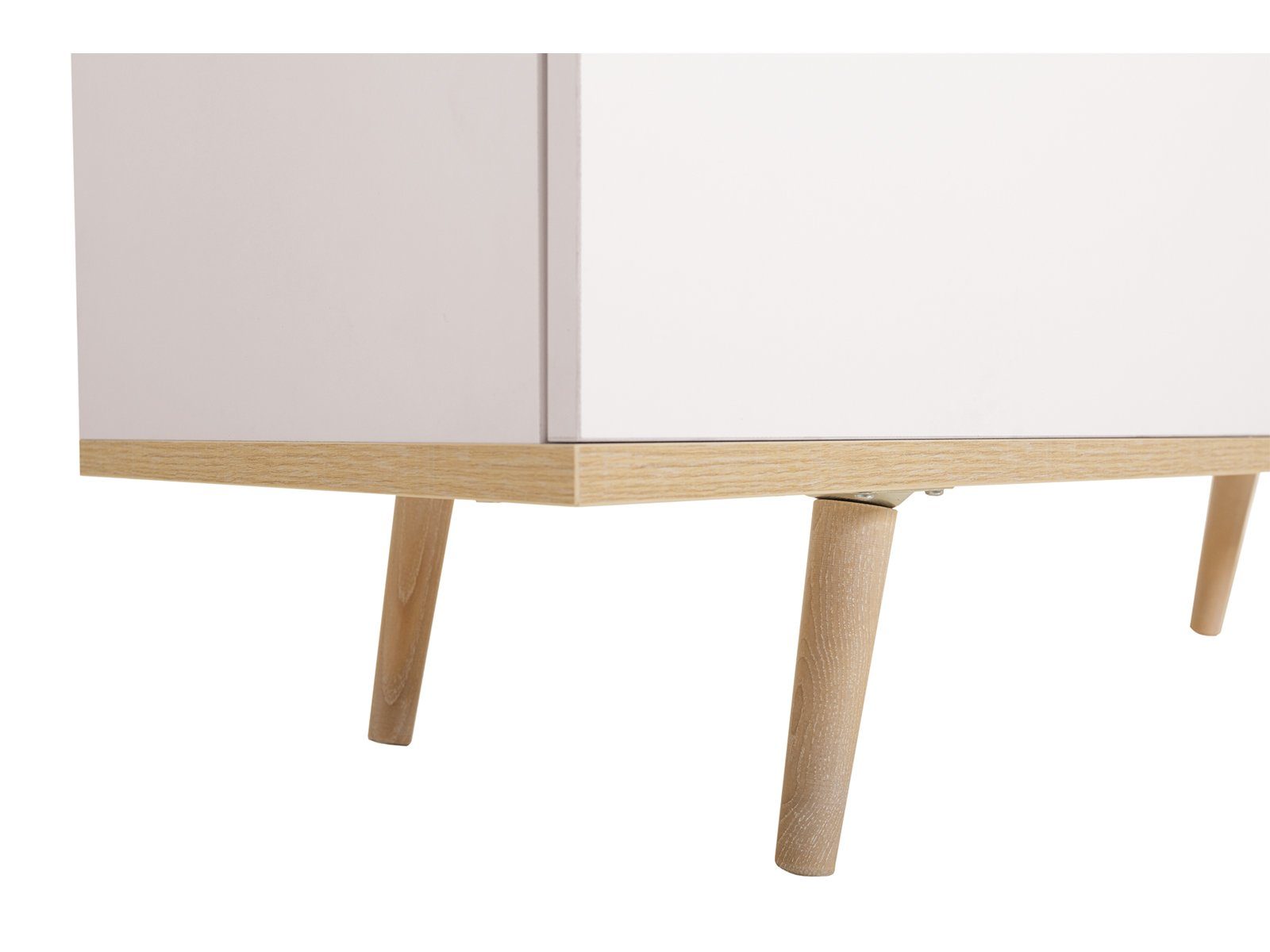 möbelando Highboard Dalarna, Modernes Highboard aus Spanplatte in Weiß, Füße aus Massivholz in Sonoma-Eiche mit 1 Glas-/Holztür, 1 Holztür, 2 Schubkästen, 2 Einlegeböden und 1 Glaseinlegeboden. Breite 100 cm, Höhe 140 cm, Tiefe 40 cm