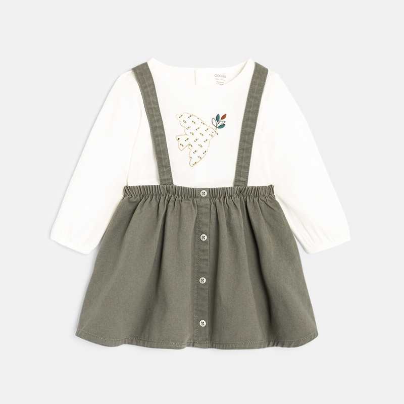 Robe à bretelles en twill et t-shirt oiseau verte bébé fille