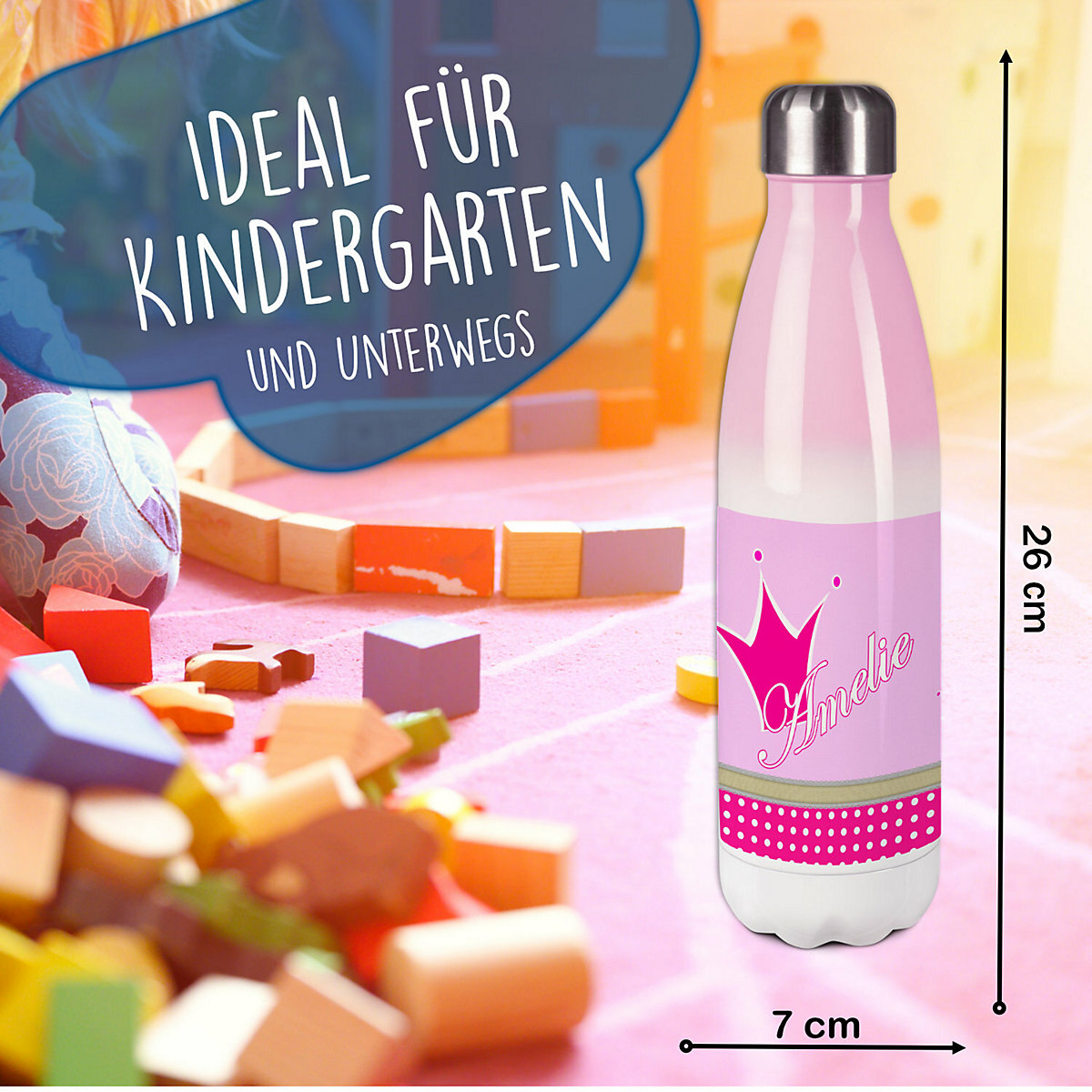Edelstahl Kinder Thermoflasche / Trinkflasche bunt Krone Farbe pink Spülmaschinenfest, Auslaufsicher, Bruchfest, Doppelwandig, Für Heißgetränke geeignet, Mit Deckel, Isoliert