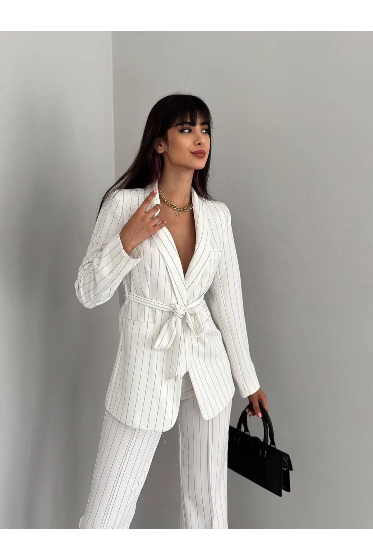 ZF BUTİK  Anzug aus Jacke und Hose mit Gürtel und Streifen