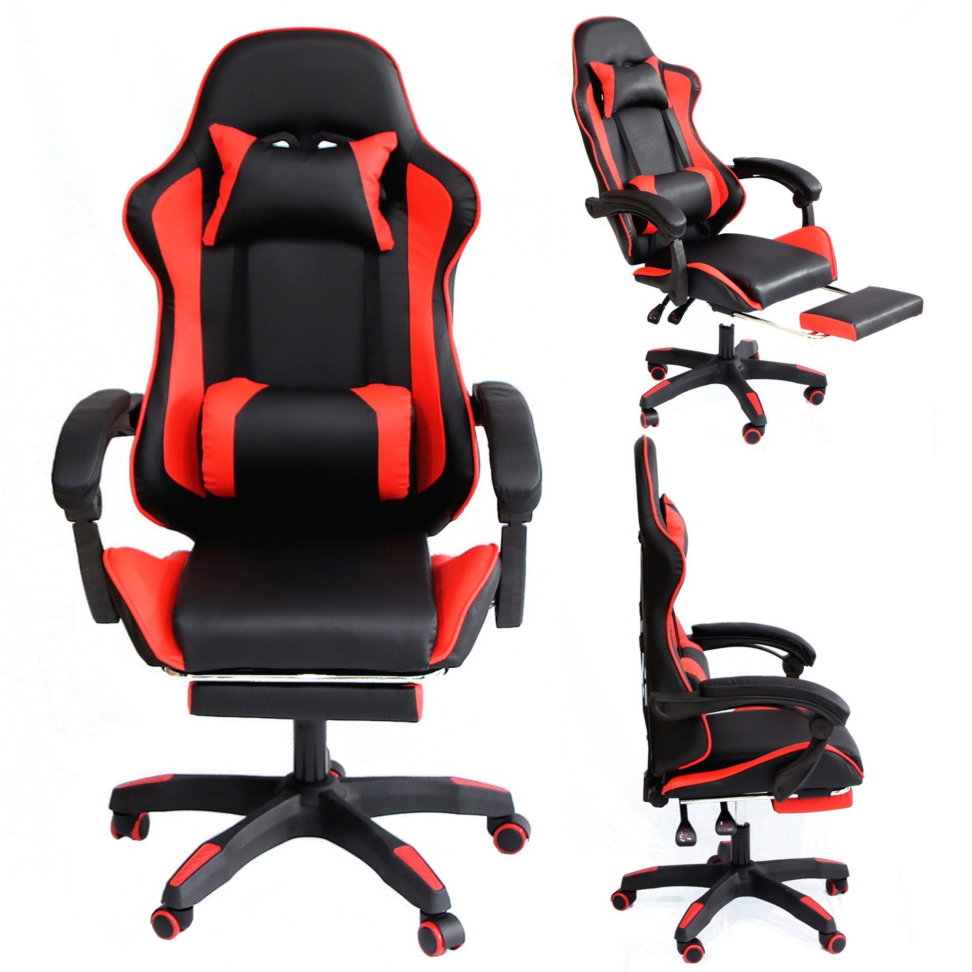 Melko Gaming-Stuhl Schreibtischstuhl Gamingstuhl Bürostuhl Chefsessel Drehstuhl in Schwarz Rot Sportsitz Höhenverstellbar inkl. Fußablage für Gaming Büroarbeit Office (Stück)