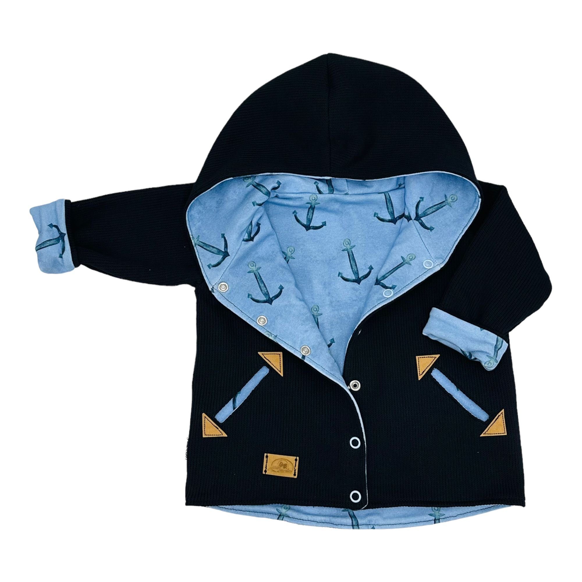 Land-Juwelen Kapuzenstrickjacke Strickjacke Anker maritim hellblau dunkelblau Taschen