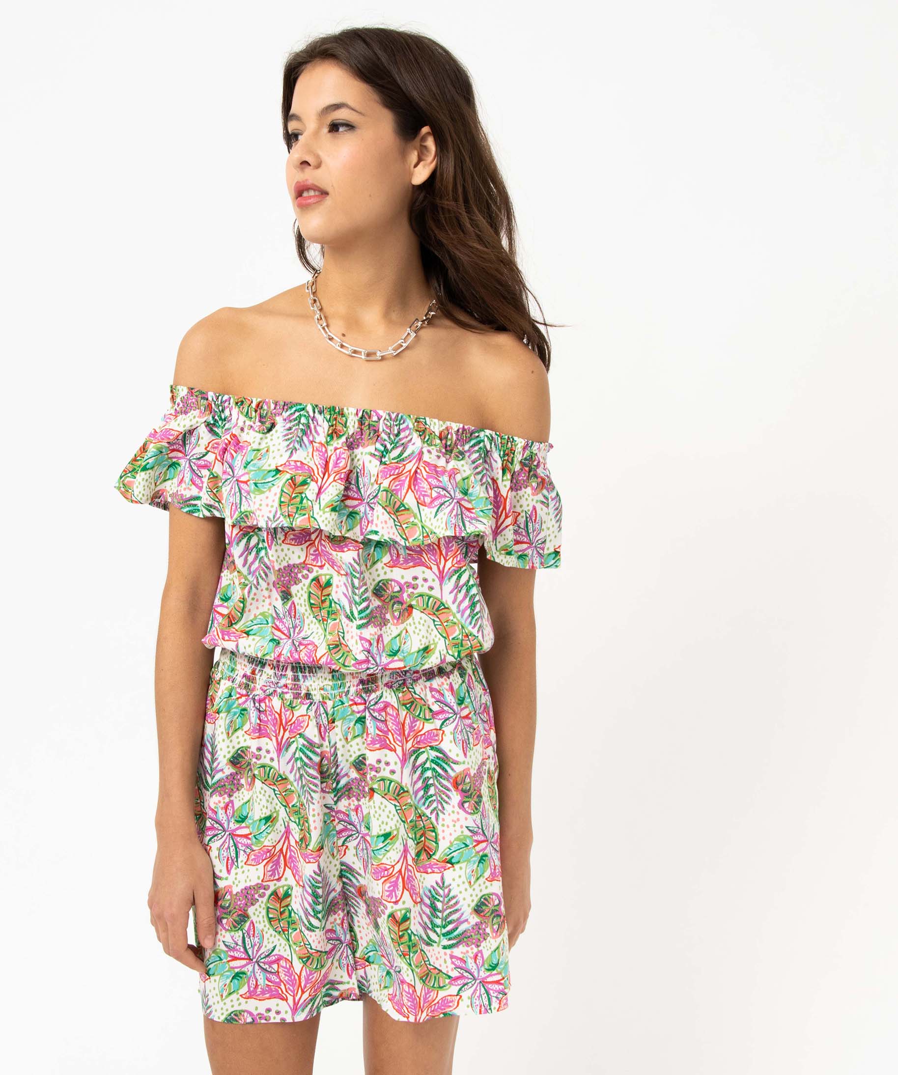 Combishort femme fleuri à col volanté imprime | GEMO