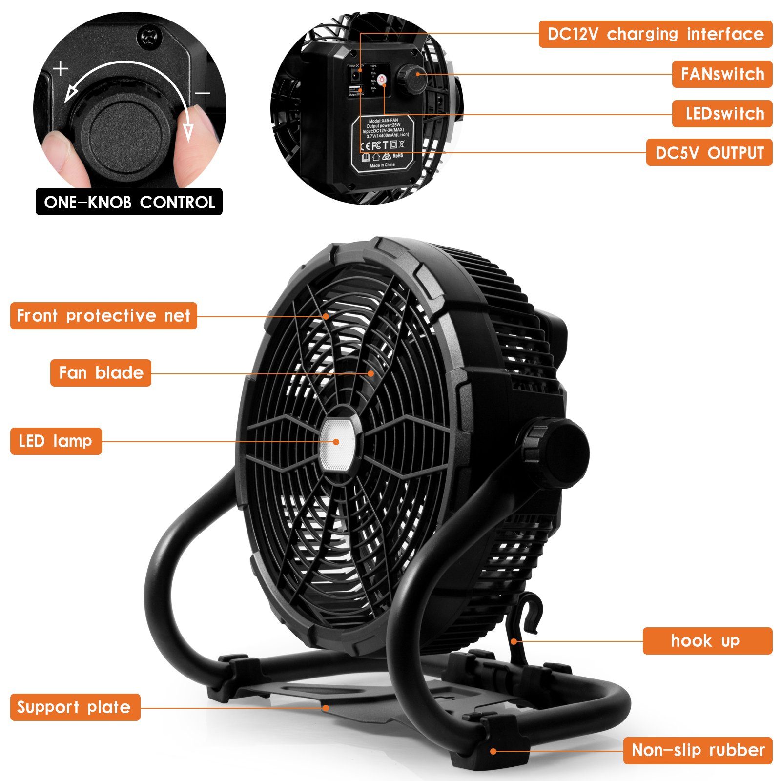Gotoll Windmaschine GLX45BK, LED Bodenventilator Camping Lüfter 15000mAh Tragbarer Standventilator