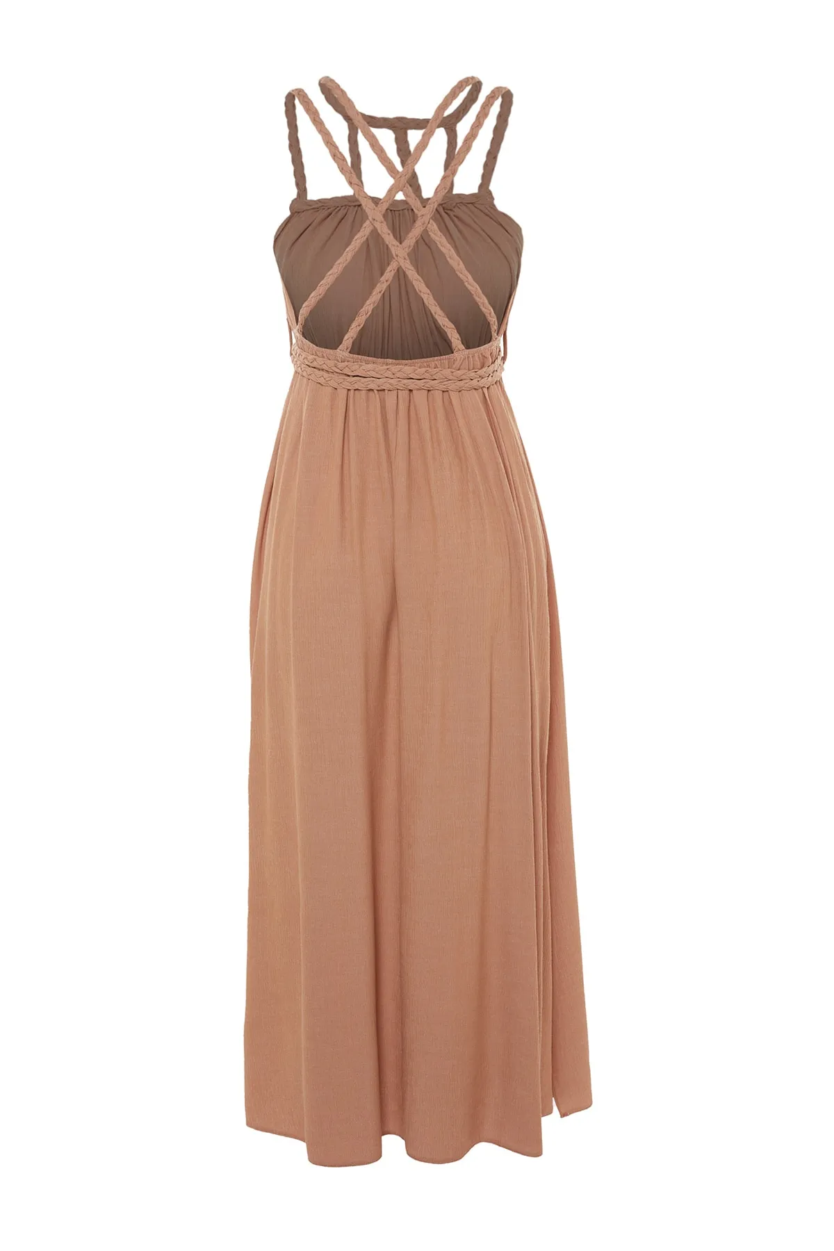 Trendyol Collection  Braunes, gewebtes Maxi-Strandkleid zum Binden aus 100 % Baumwolle mit Gürtel TBESS23EL00070