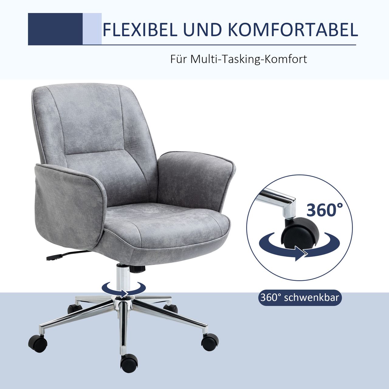 HOMCOM Bürostuhl Schreibtischstuhl Drehstuhl Home-Office-Stuhl mit Wippenfunktion höhenverstellbarer ergonomisch 360°-Drehräder modern schick Mikrofaser Schaumstoff Hellgrau 67x69x102 cm