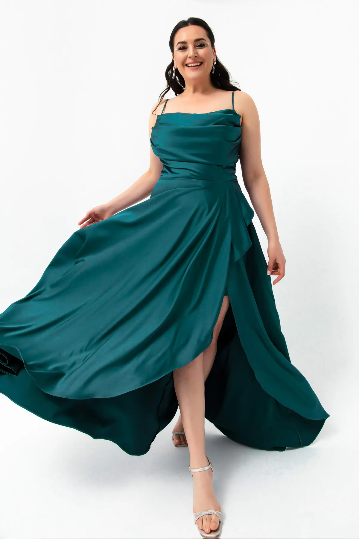 Lafaba  Abendkleid für Damen, Petrol, Volant, Schlitz, Übergröße, Satin, Abschlusskleid