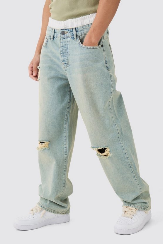 Lockere Boxer-Jeans mit Bund und Riss am Knie
