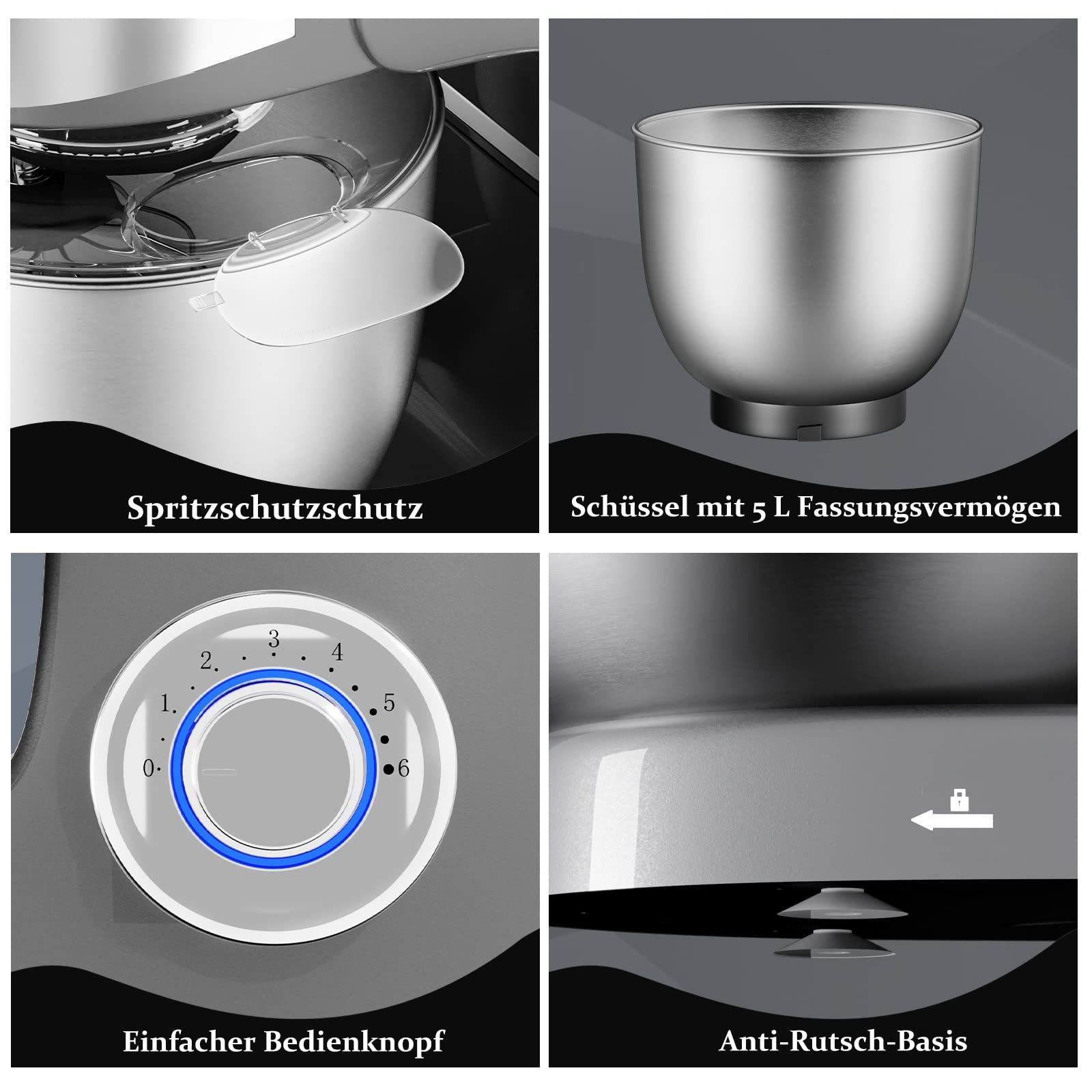 HOMELUX Küchenmaschine Multifunktional Knetmaschine mit 6 Geschwindigkeit, 2000,00 W, 5,00 l Schüssel, inkl 3-Teiligem Patisserie-Set und Spritzschutz, Edelstahlschüssel