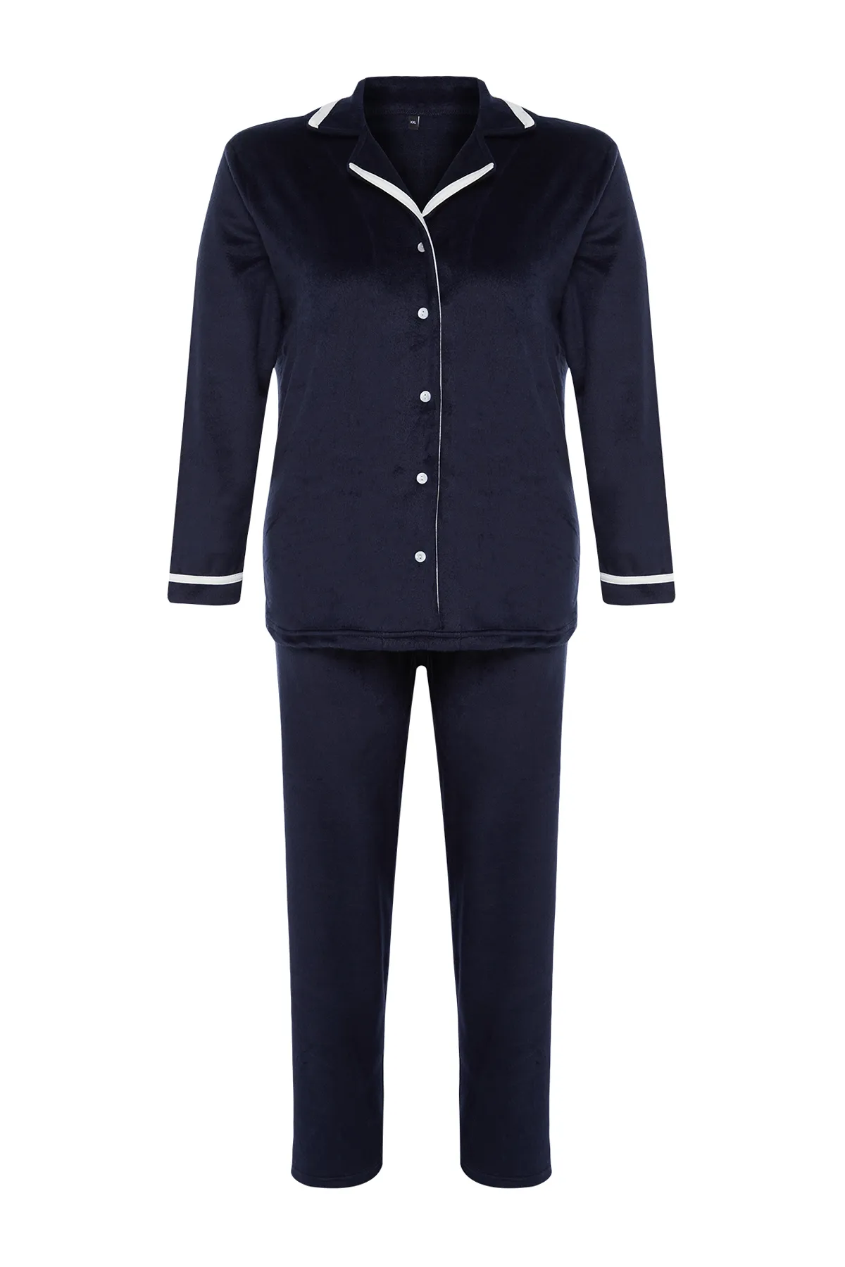 Trendyol Curve  Marineblaues Fleece-Schlafanzug-Set mit gestreiftem Strickmuster TBBAW24AI00041