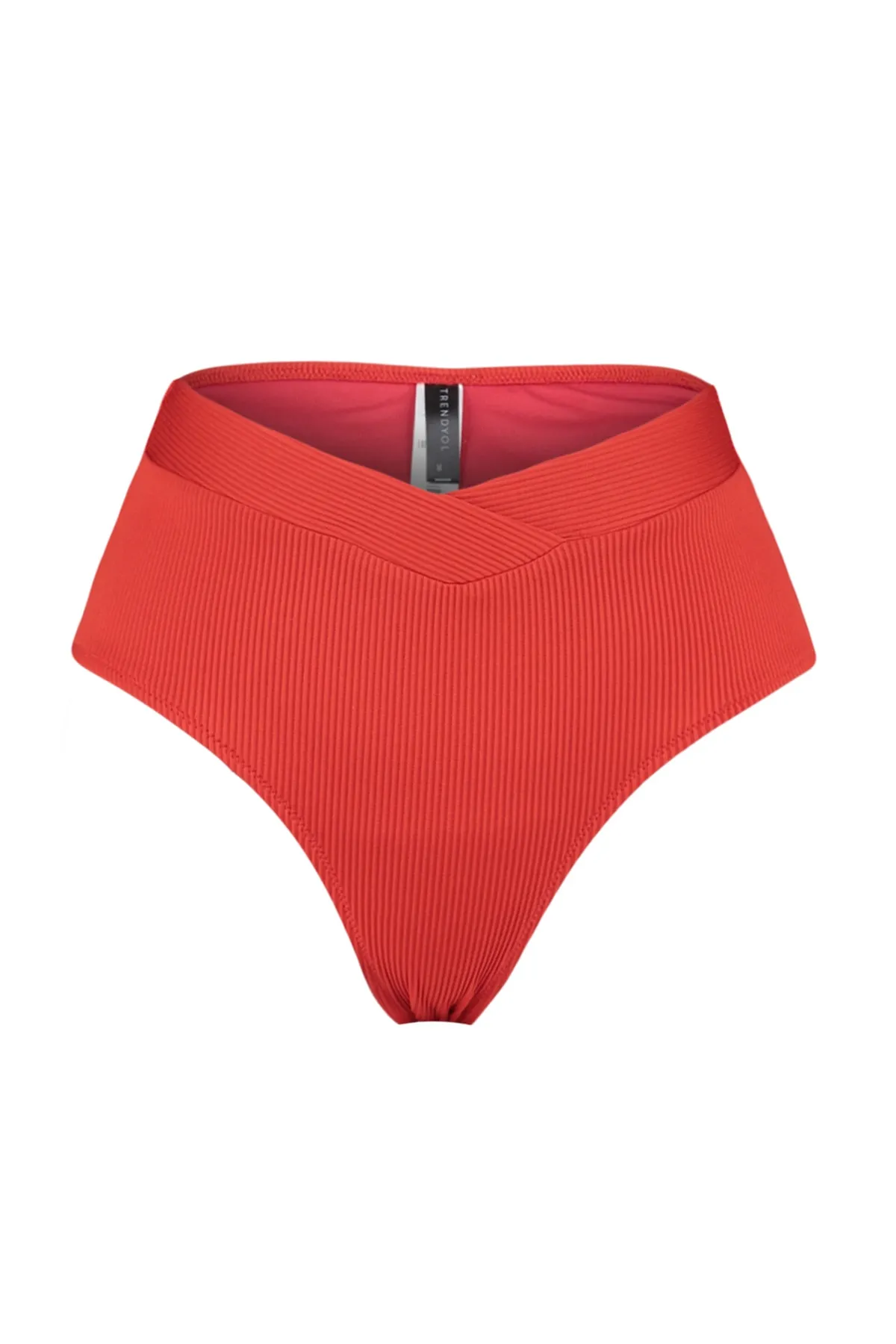 Trendyol Collection  Rote strukturierte V-Schnitt-Bikinihose mit hoher Taille und normalem Beinverlauf TBESS21BA0067