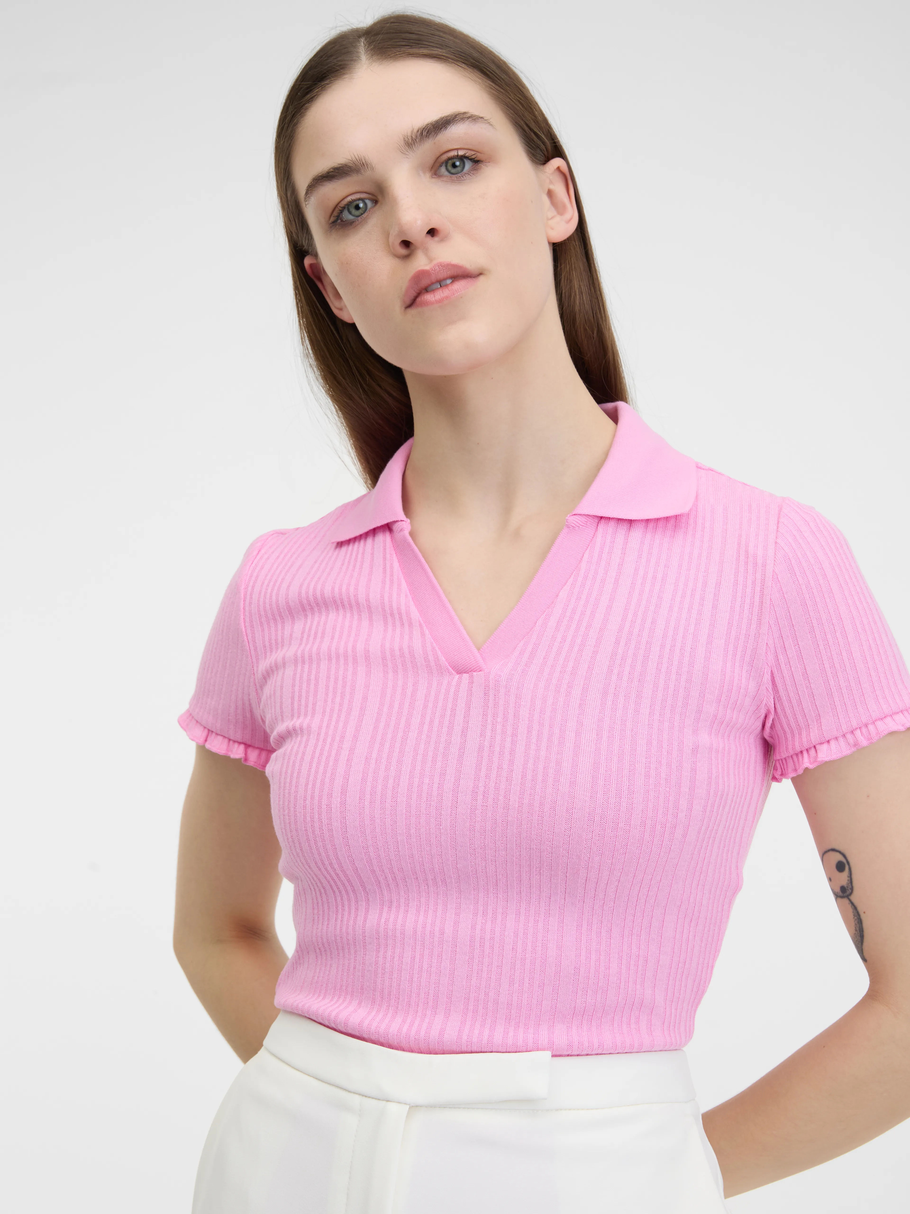 Rosa geripptes Damen-Poloshirt ORSAY