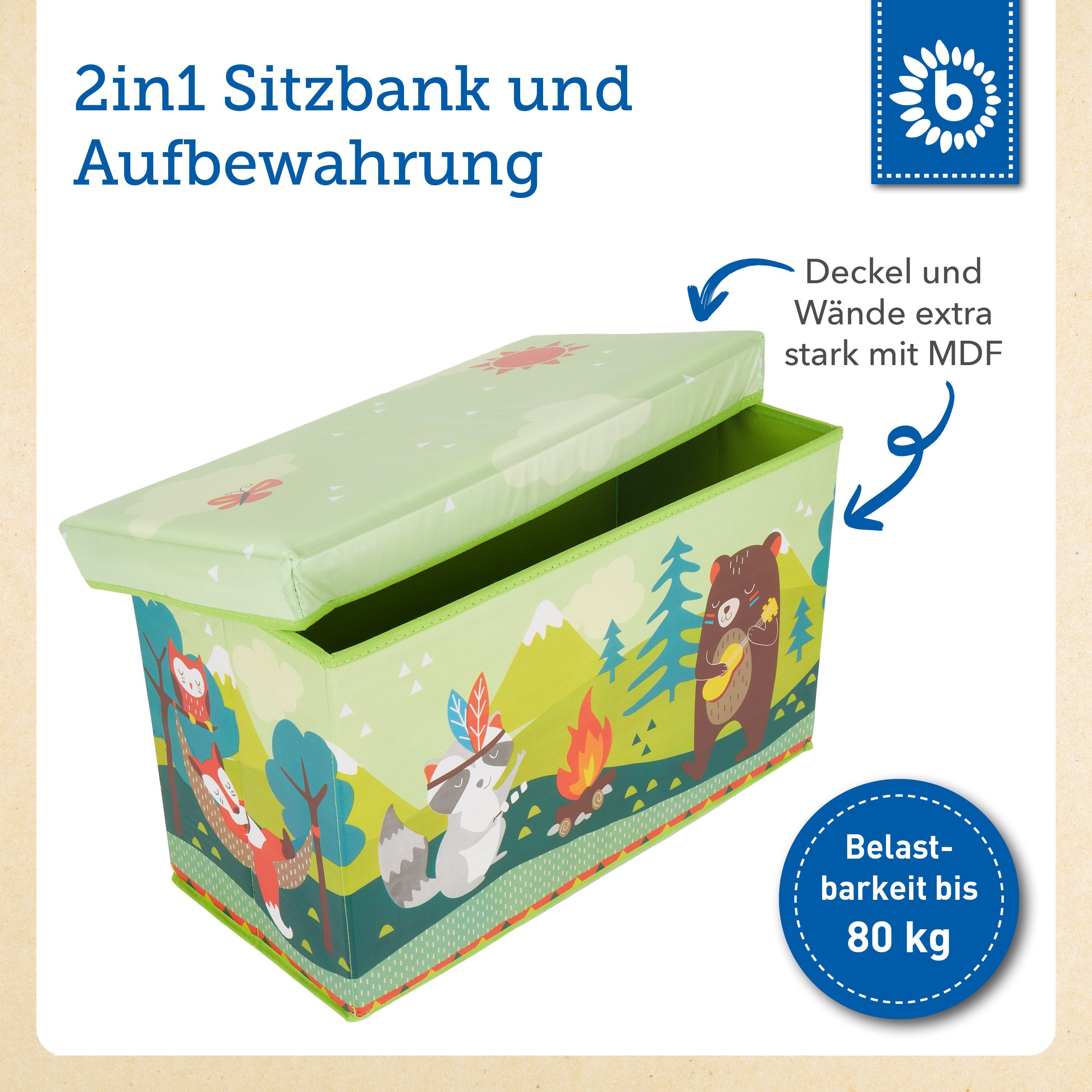 BIECO Spielzeugtruhe Bieco Aufbewahrungsbox mit Deckel 60L, faltbar ca. 60x30x35cm Spielzeugkiste mit Deckel Aufbewahrungsbox Kinder Kisten mit Deckel Aufbewahrungsbox Groß Wickeltisch Organizer Waldtiere