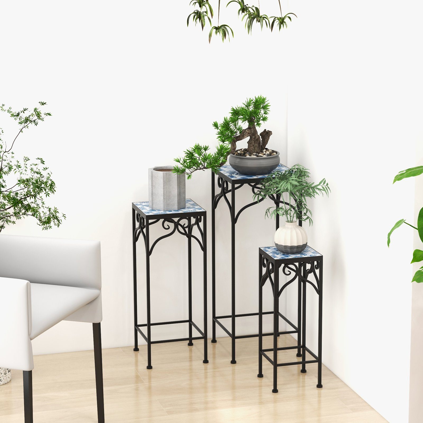 COSTWAY Blumenständer (3 St), Blumenhocker, Quadratisch, aus Metall, Blau