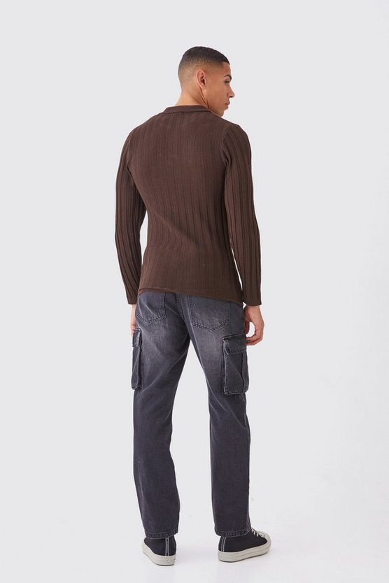 Langärmliges geripptes Muscle-Poloshirt
