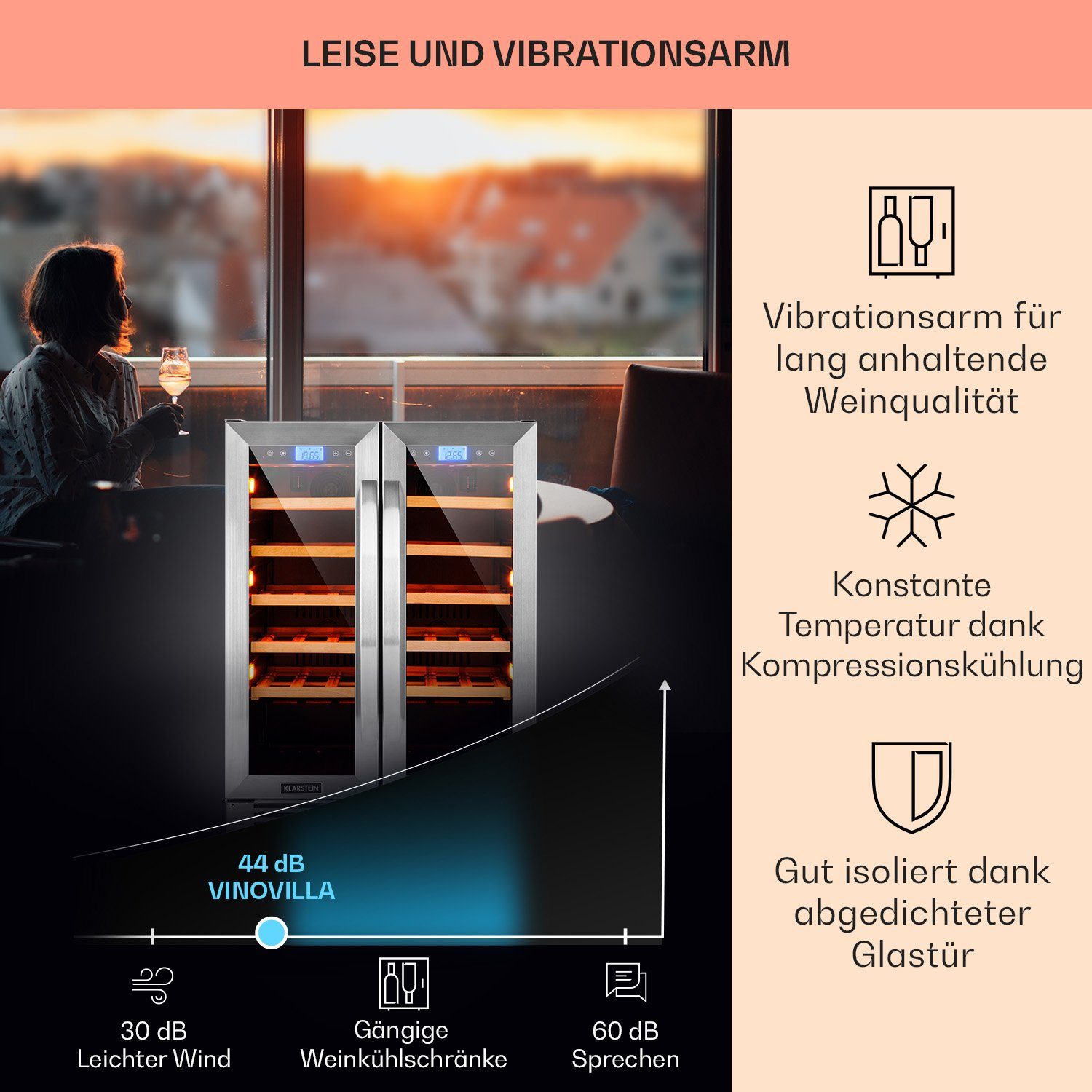 Klarstein Weinkühlschrank Vinovilla Duo 42, für 42 Standardflaschen á 0,75l,2 Zonen Wein Flaschenkühlschrank Weintemperierschrank Weinschrank