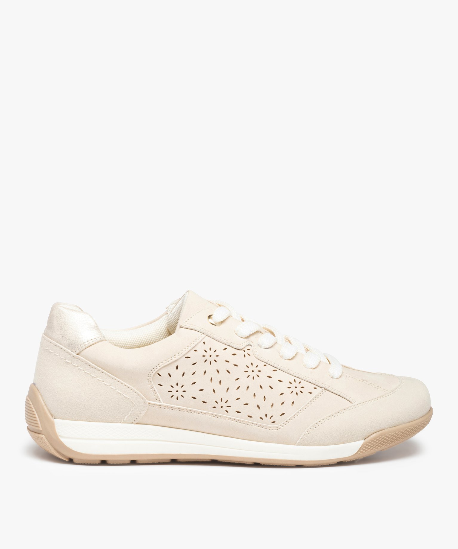 Baskets femme unies avec perforations en forme de fleurs beige | GEMO