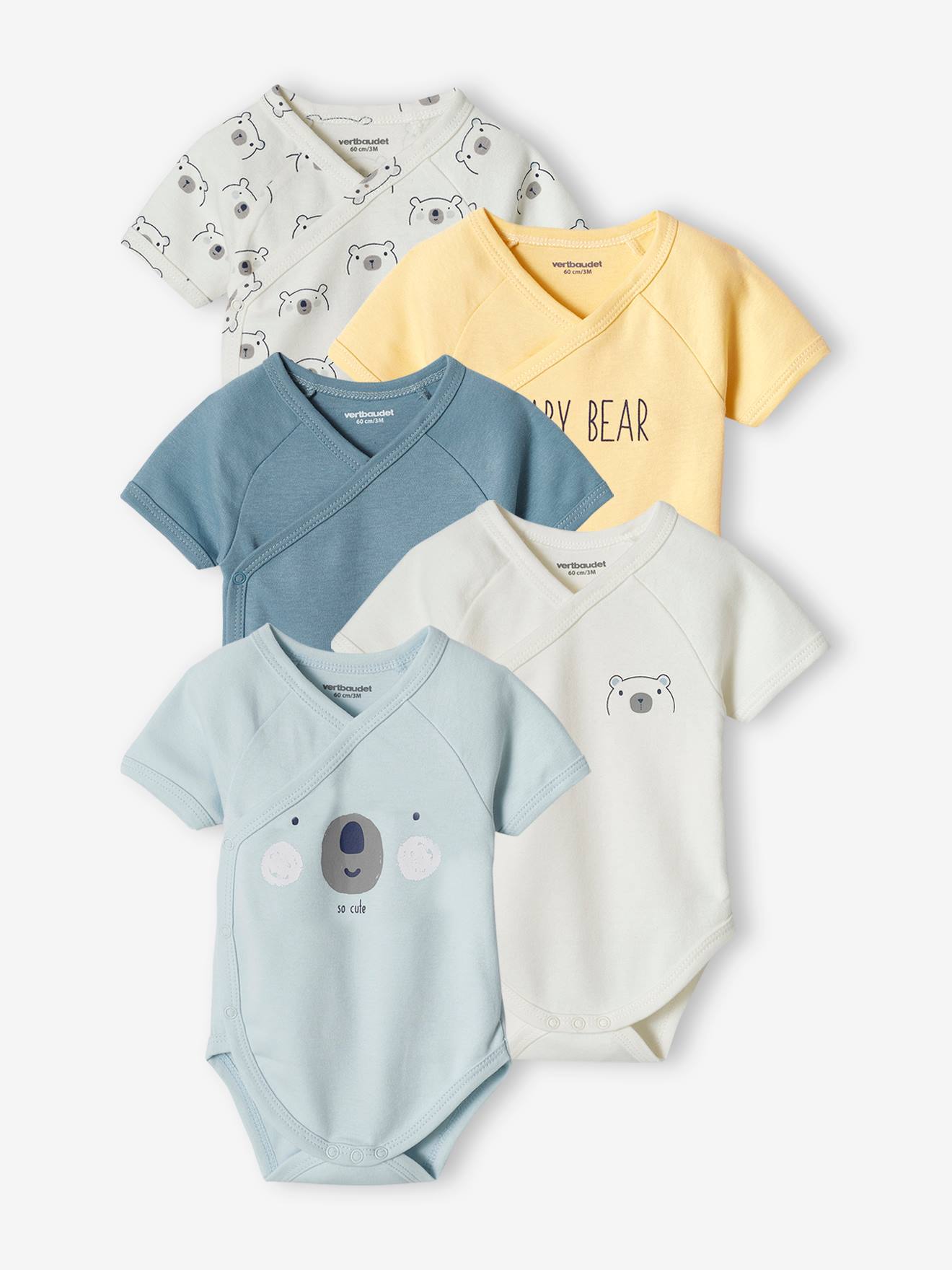 Lot de 5 bodies naissance bébé ouverture devant bleu ciel