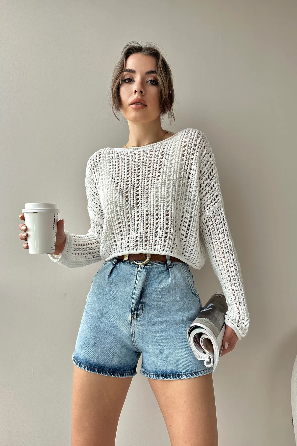 Trend Alaçatı Stili  Hellblaue Jeans-Shorts mit hoher Taille und vier Taschen für Damen ALC-X9963